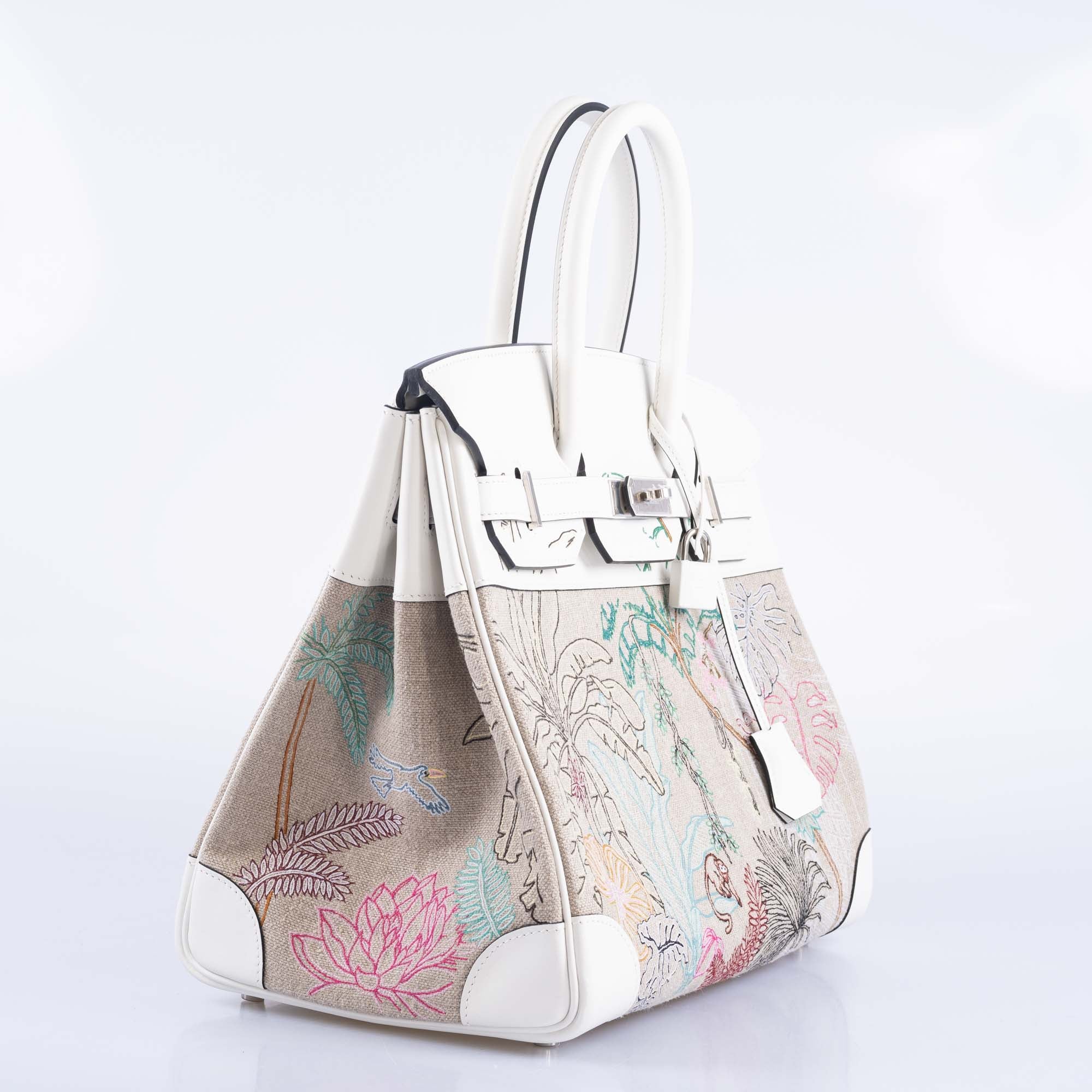 Hermes Faubourg Tropical Birkin 35 Embroidered Toile de Camp and White Swift Palladium Hardware