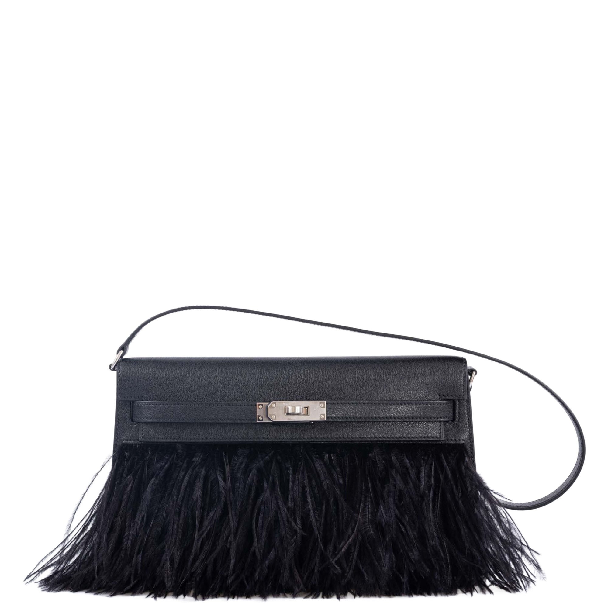 Hermès Feather Kelly Elan Black Chevre and Ostrich Feathers Palladium Hardware