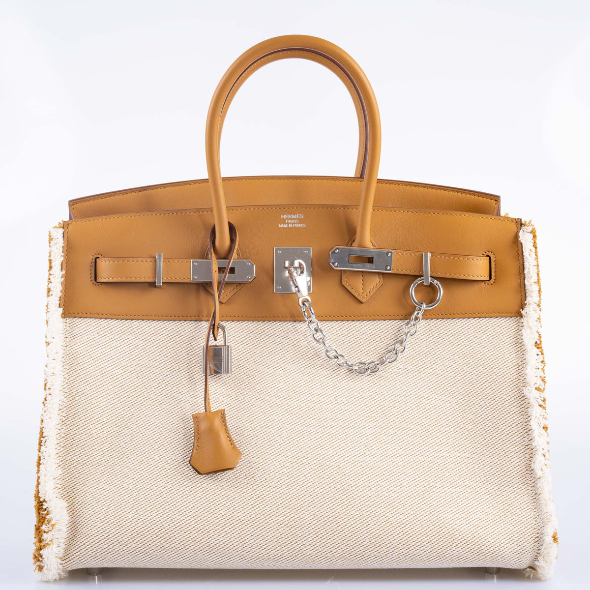 Hermès Fray Fray Birkin 35 Sesame Swift and Toile H with Palladium Hardware, front view, straight on with chain