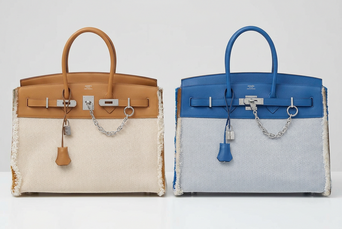 Hermès Fray Fray Birkin 35 Sesame Swift and Toile H with Palladium Hardware, beside a blue Fray Fray Birkin that is not included