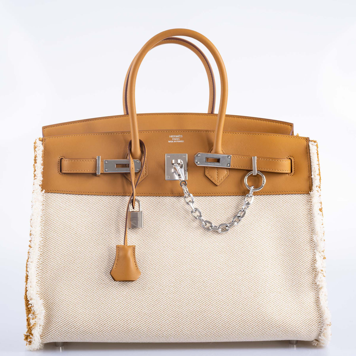 Hermès Fray Fray Birkin 35 Sesame Swift and Toile H with Palladium Hardware, front view with lock, clochette and chain