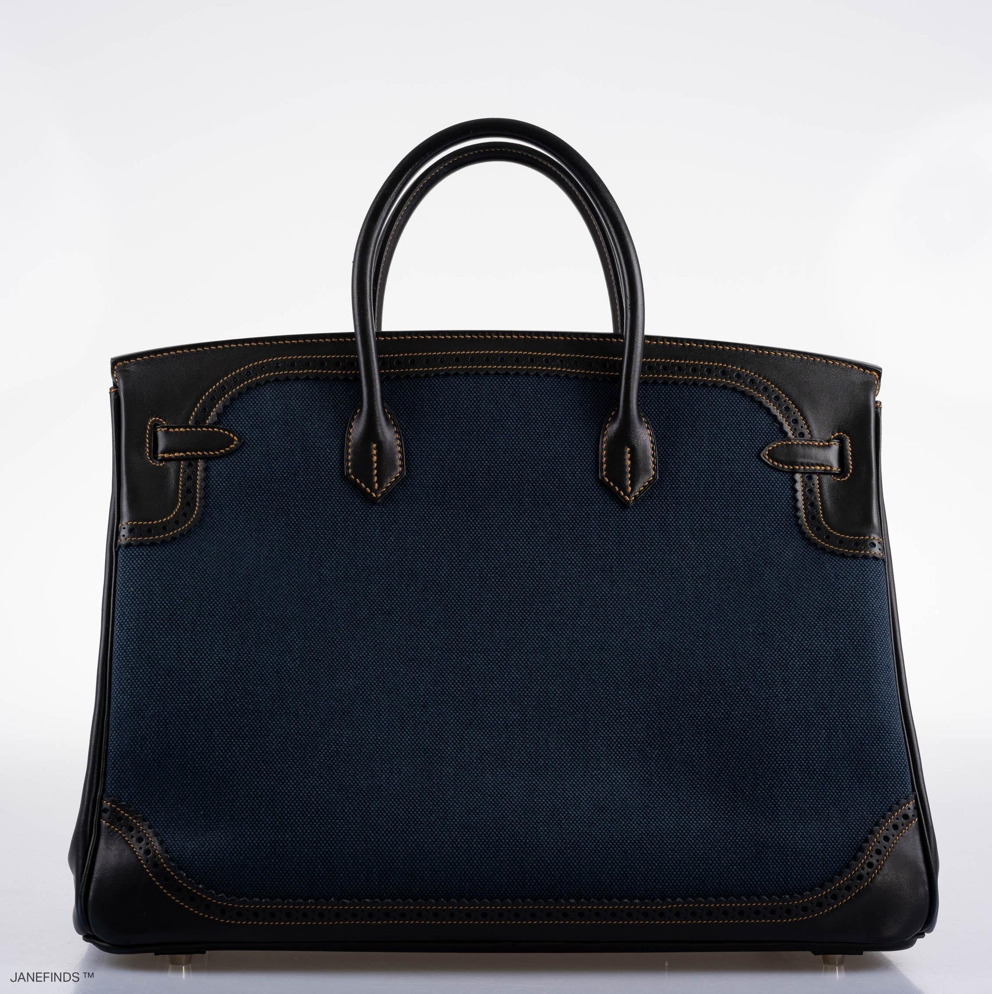Hermès Ghillies Birkin 40 Indigo Denim and Noir Evercalf, brogued corner detail