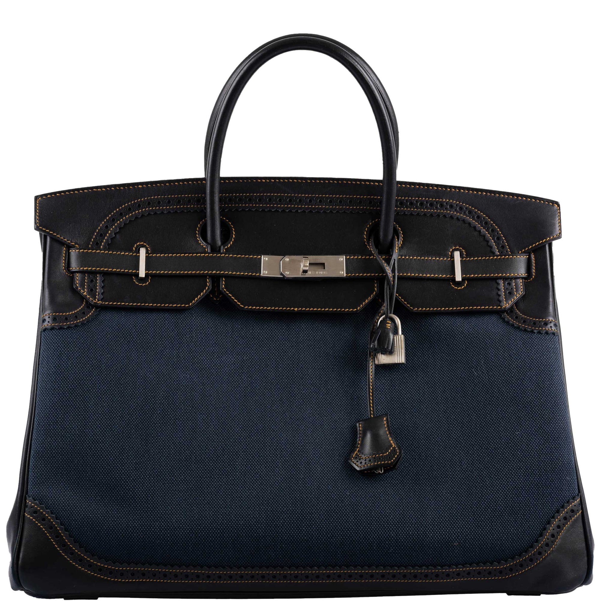 Hermès Ghillies Birkin 40 Indigo Denim and Noir Evercalf Brushed Palladium Hardware, front view, closed