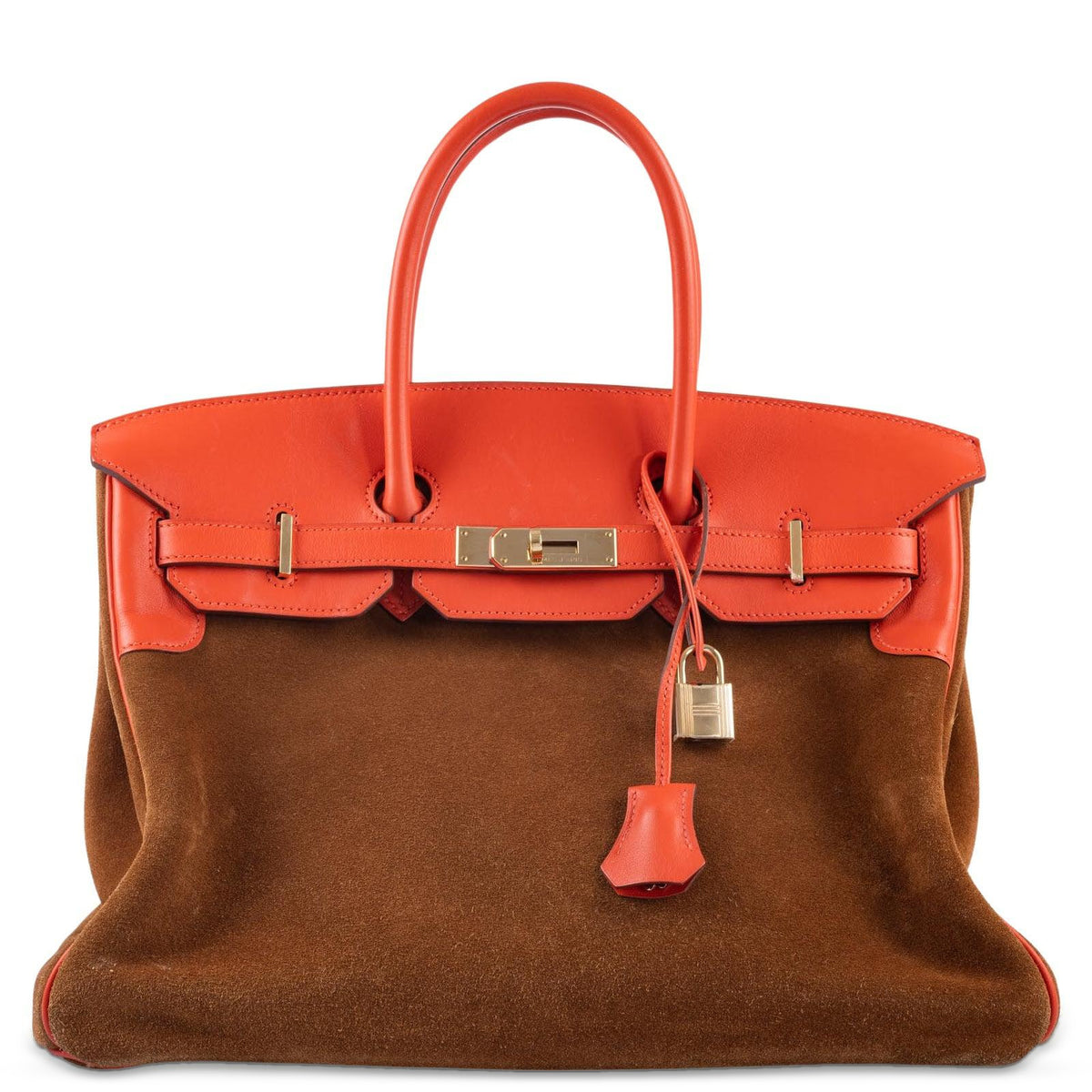 Hermès Grizzly Birkin 35 Capucine Evercolor and Fauve Suede Permabrass Hardware, front view, closed, with lock and clochette