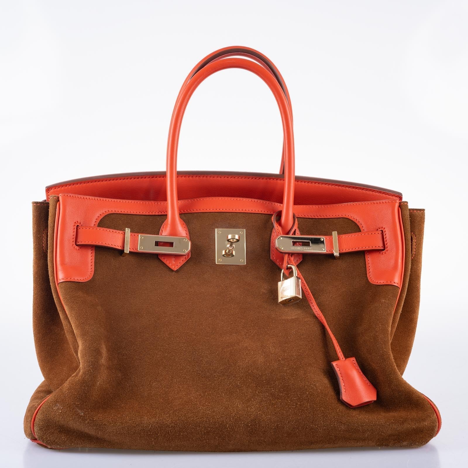 Hermès Grizzly Birkin 35 Capucine Evercolor and Fauve Suede Permabrass Hardware