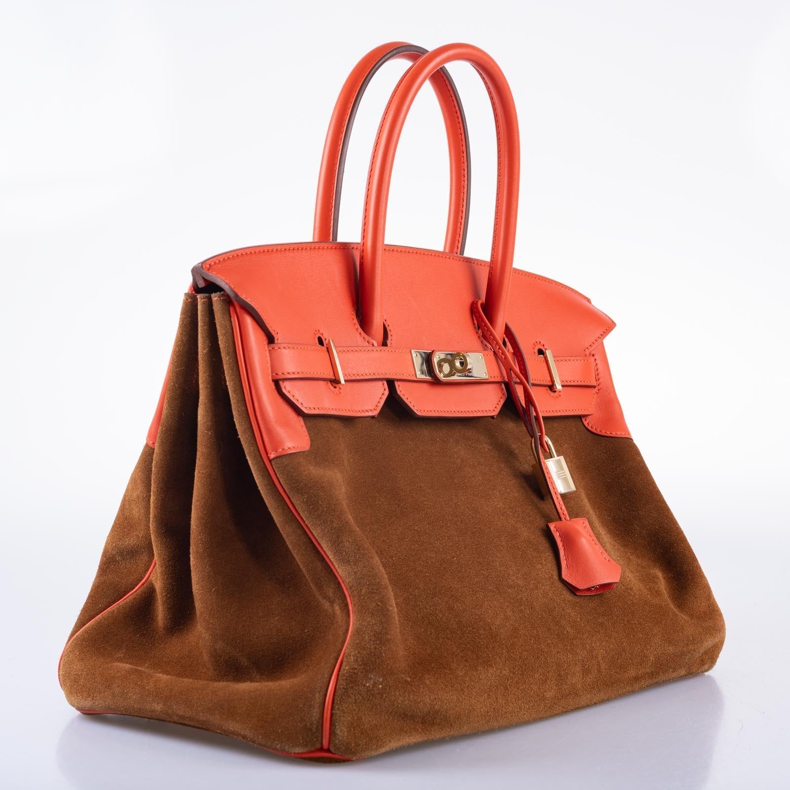 Hermès Grizzly Birkin 35 Capucine Evercolor and Fauve Suede Permabrass Hardware