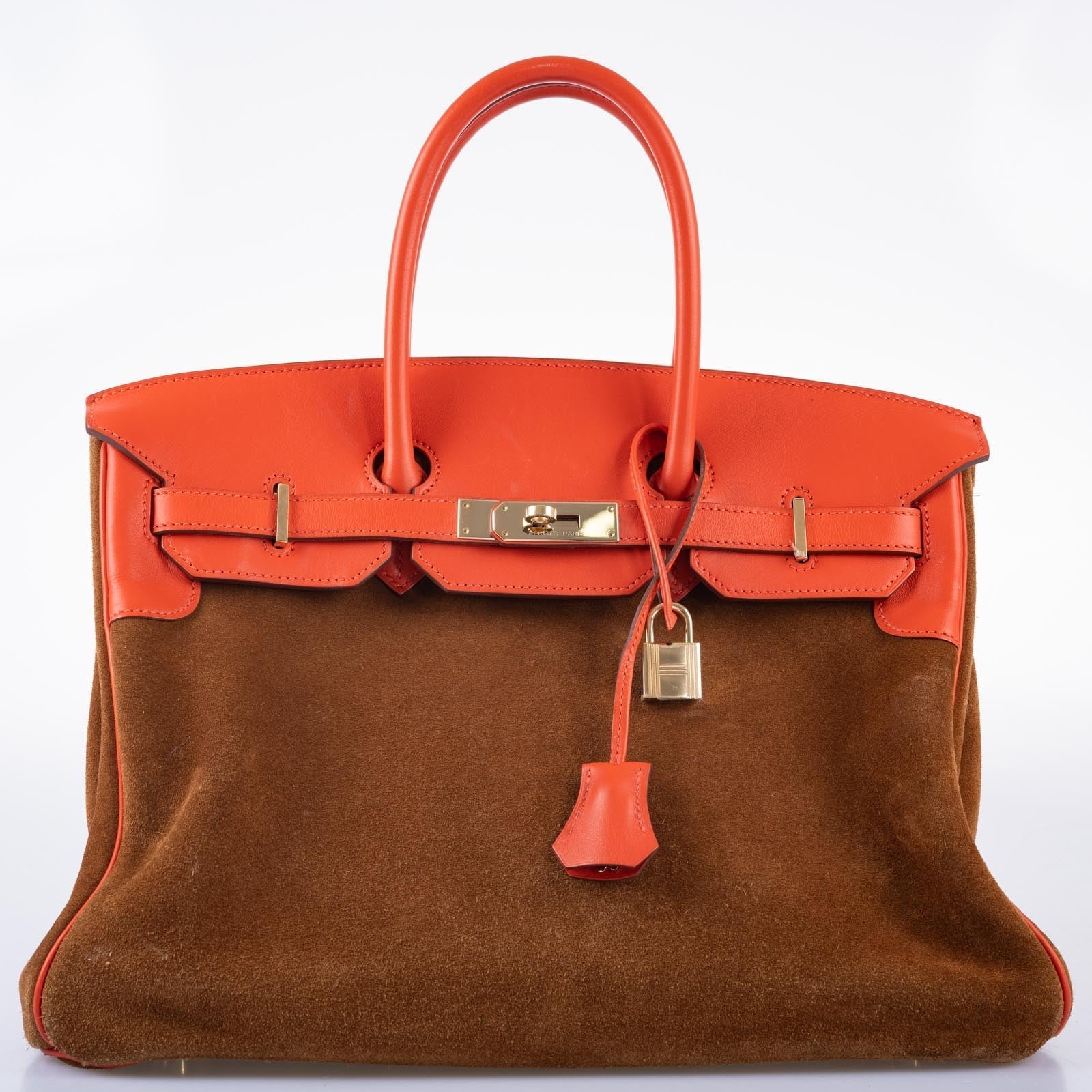 Hermès Grizzly Birkin 35 Capucine Evercolor and Fauve Suede Permabrass Hardware