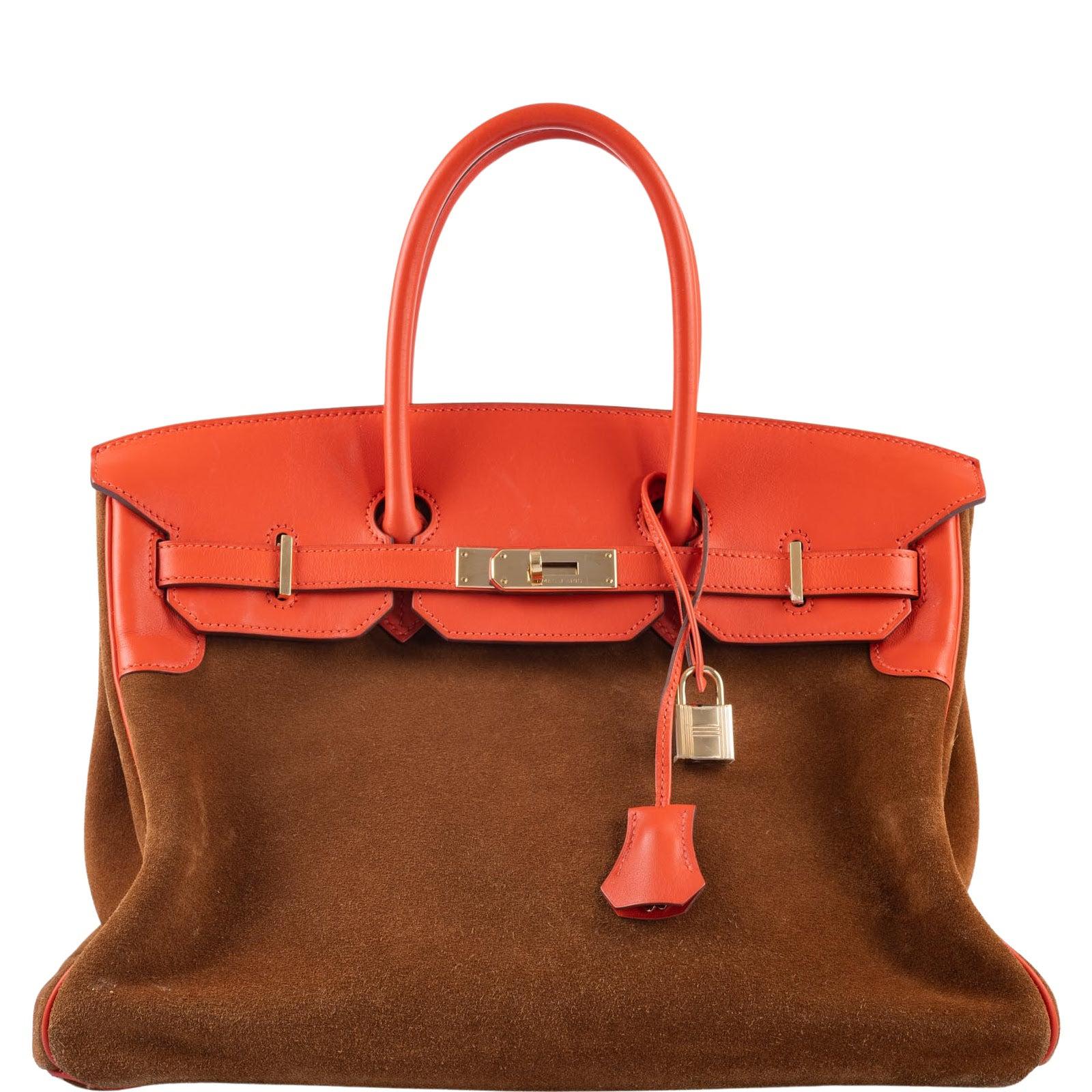 Hermès Grizzly Birkin 35 Capucine Evercolor and Fauve Suede Permabrass Hardware
