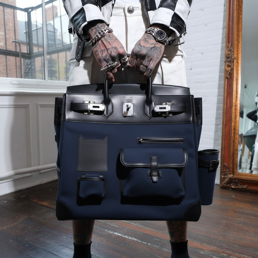Hermès HAC 40 Cargo Bleu Marine Toile Black Box Calf Palladium Hardware