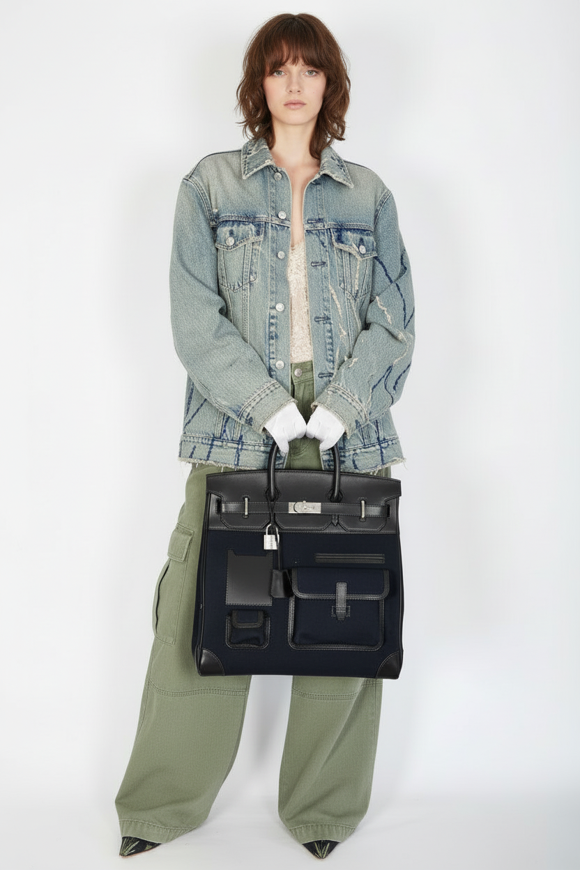 Hermès HAC 40 Cargo Bleu Marine Toile Black Box Calf Palladium Hardware