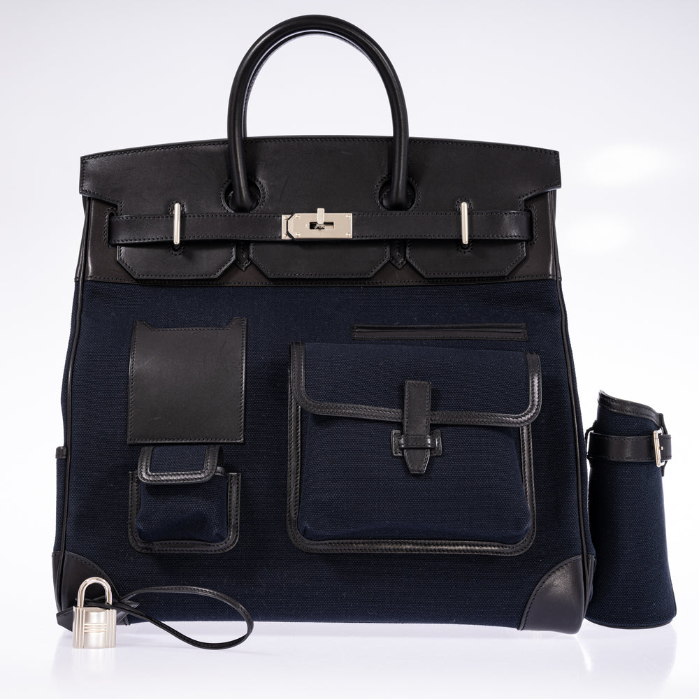 Hermès HAC 40 Cargo Bleu Marine Toile Black Box Calf Palladium Hardware