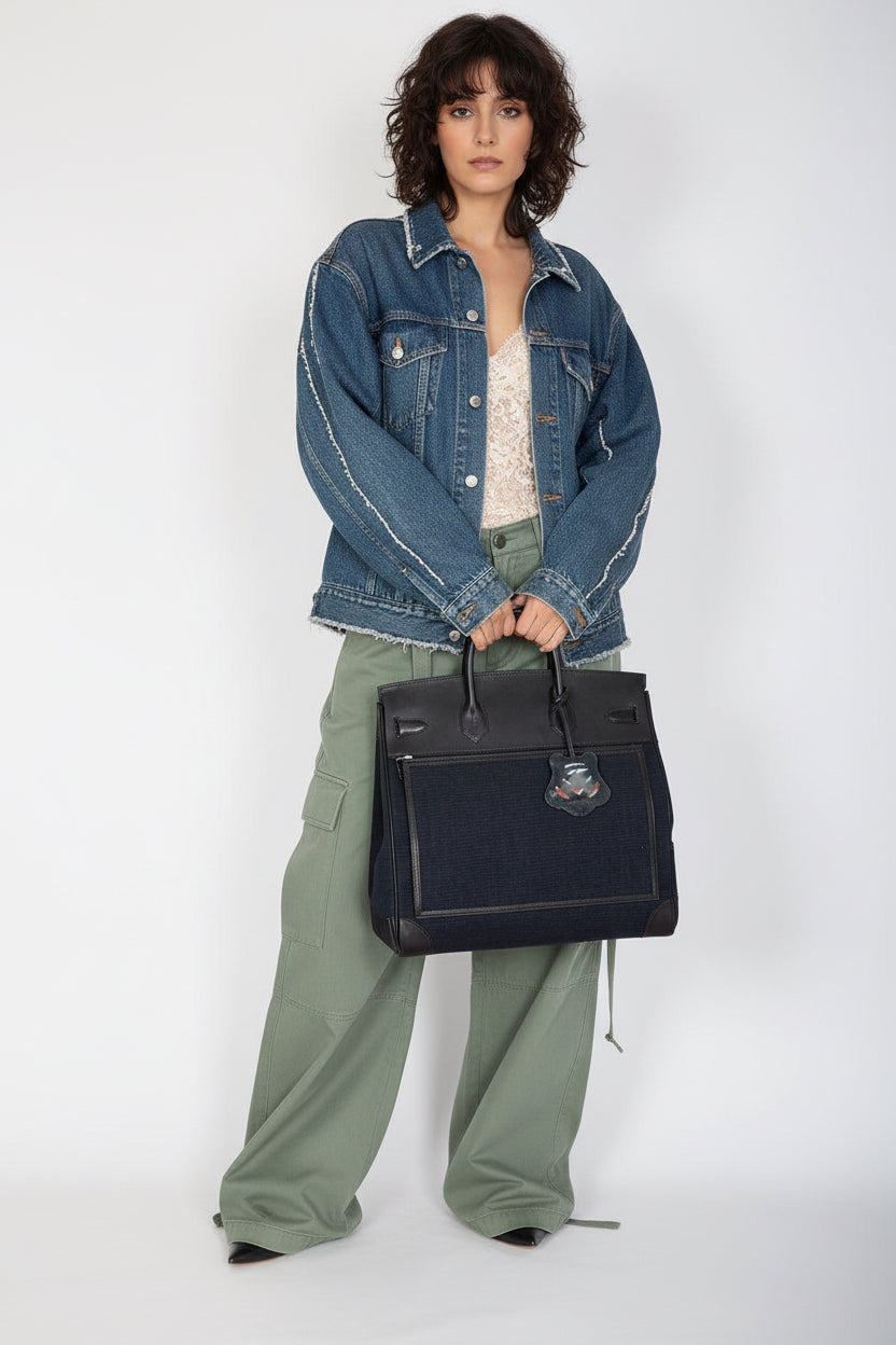 Hermès HAC 40 Cargo Bleu Marine Toile Black Box Calf Palladium Hardware