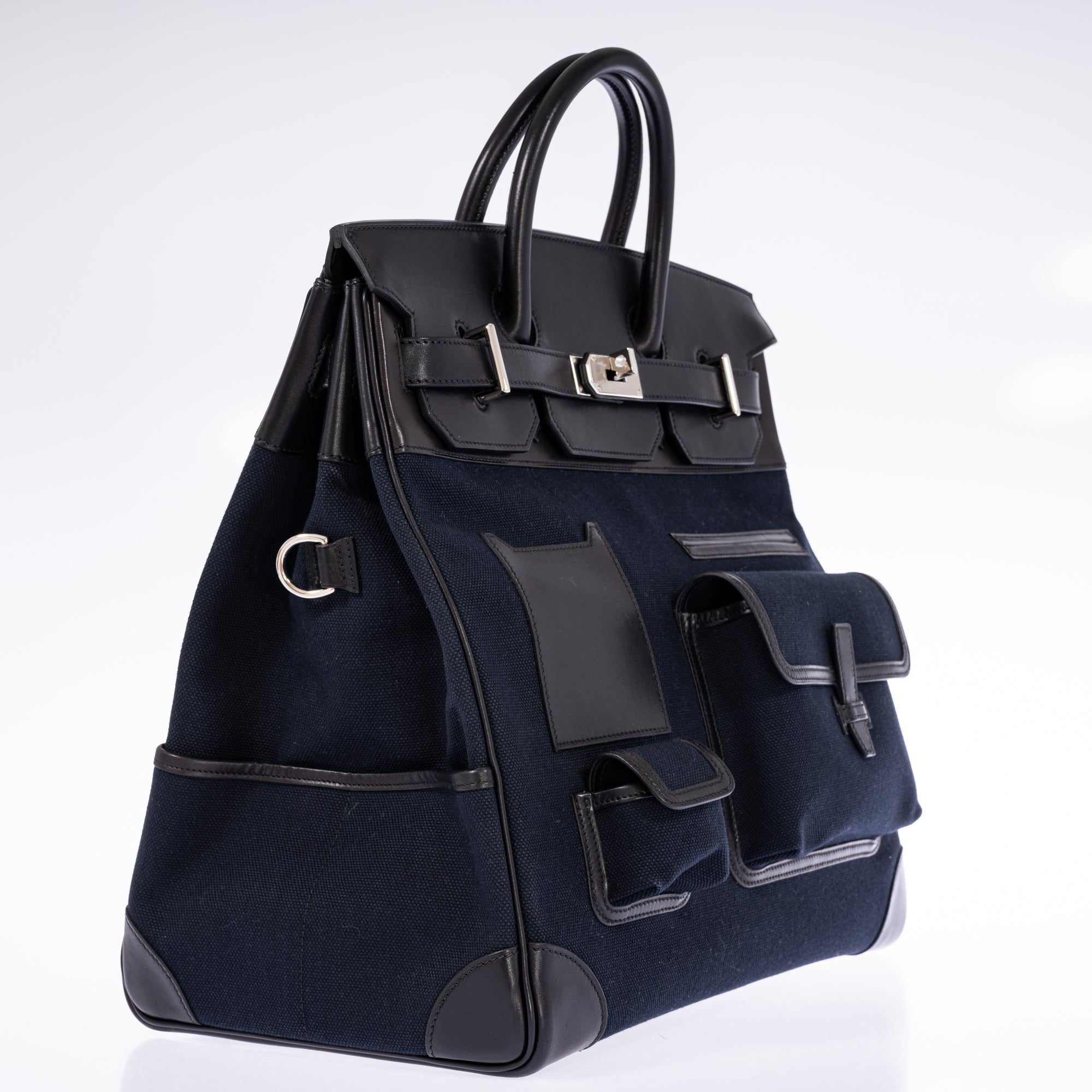 Hermès HAC 40 Cargo Bleu Marine Toile Black Box Calf Palladium