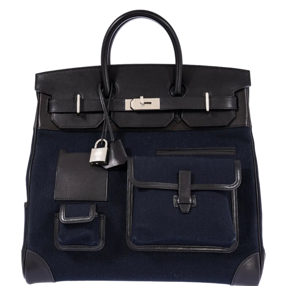 Hermès HAC 40 Cargo Bleu Marine Toile Black Box Calf Palladium Hardware
