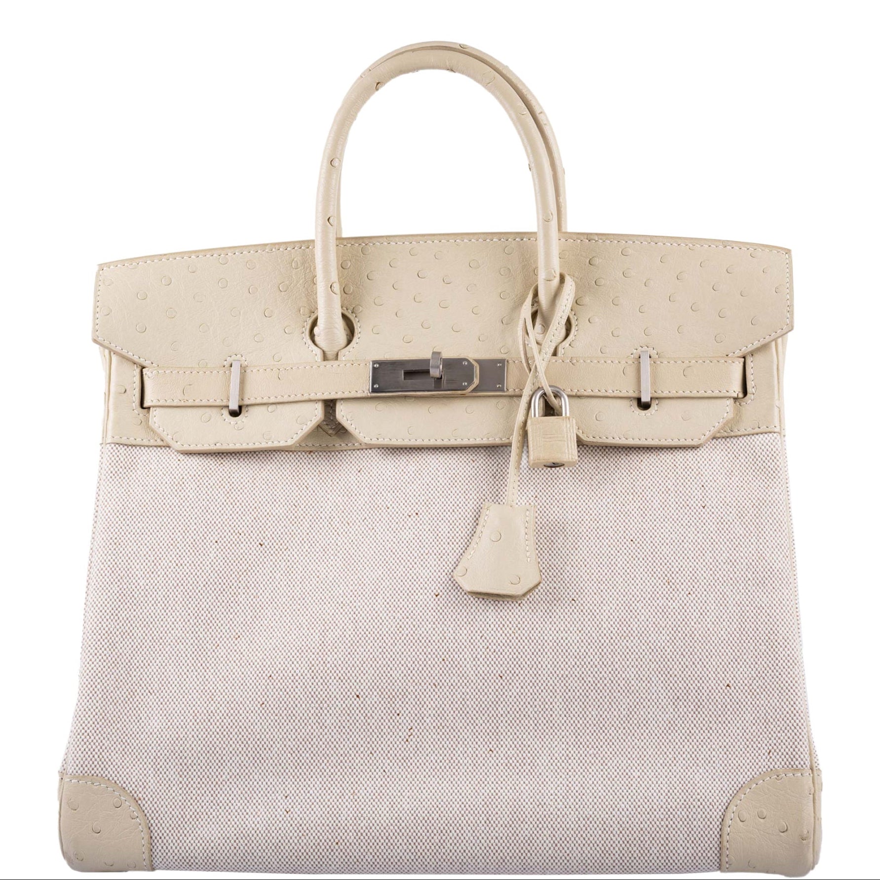 Hermès HAC Birkin 32 Parchemin Ostrich and Toile Brushed Palladium Hardware