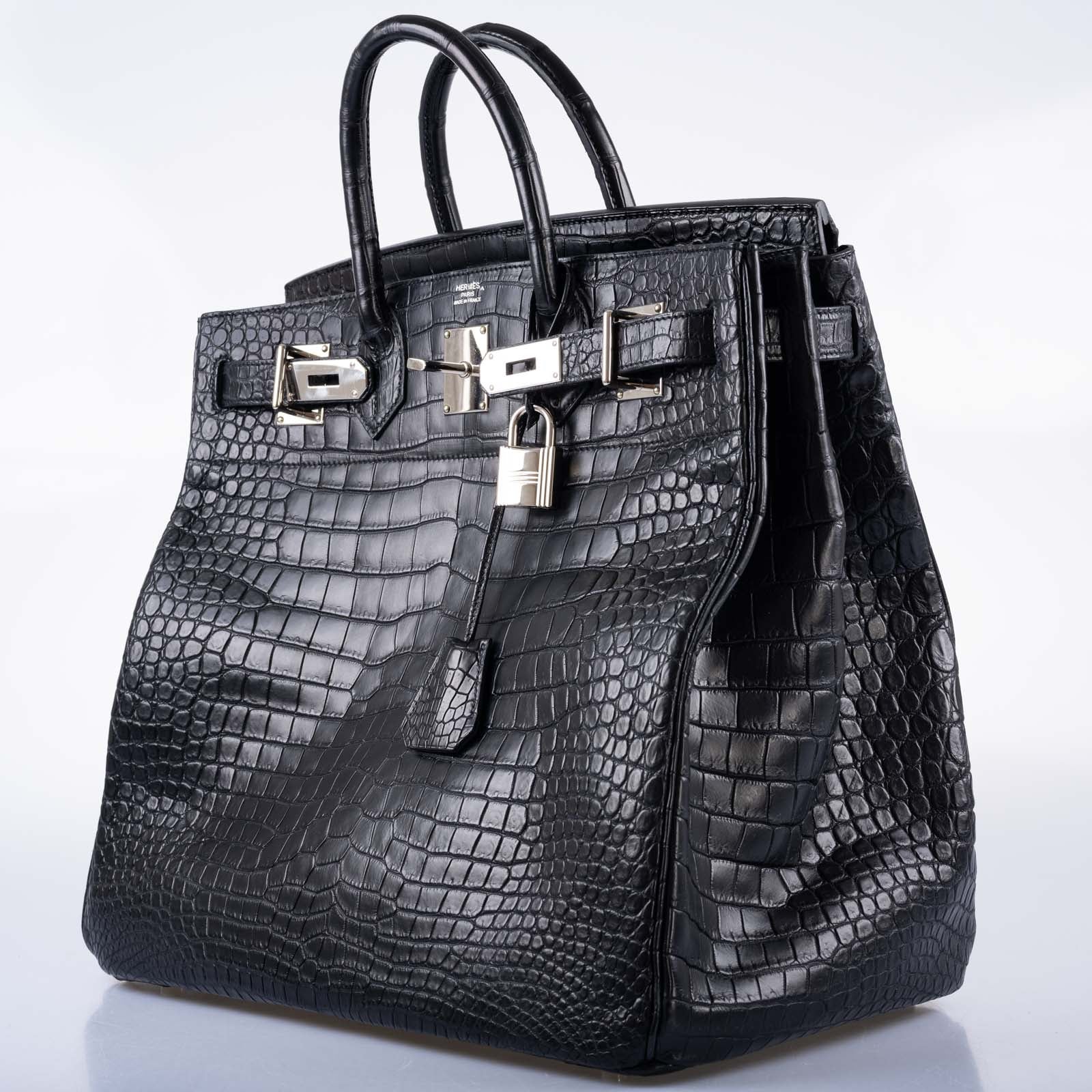 Hermès HAC Birkin 40 Black Matte Porosus Crocodile Palladium Hardware