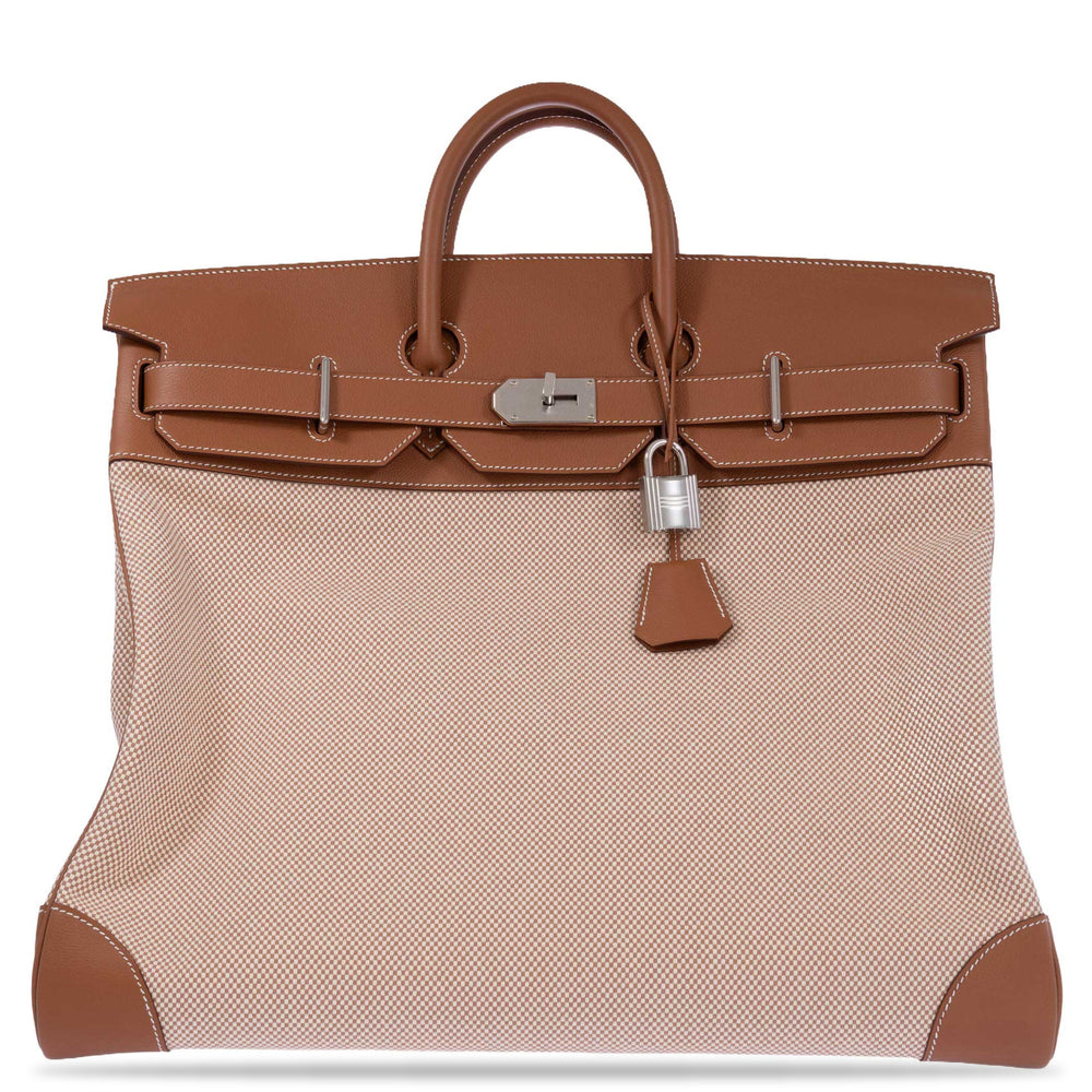 Hermès HAC Birkin 50 Ecru Beige Toile Criss and Gold Evercolor Palladium Hardware, front view, closed with lock and clochette