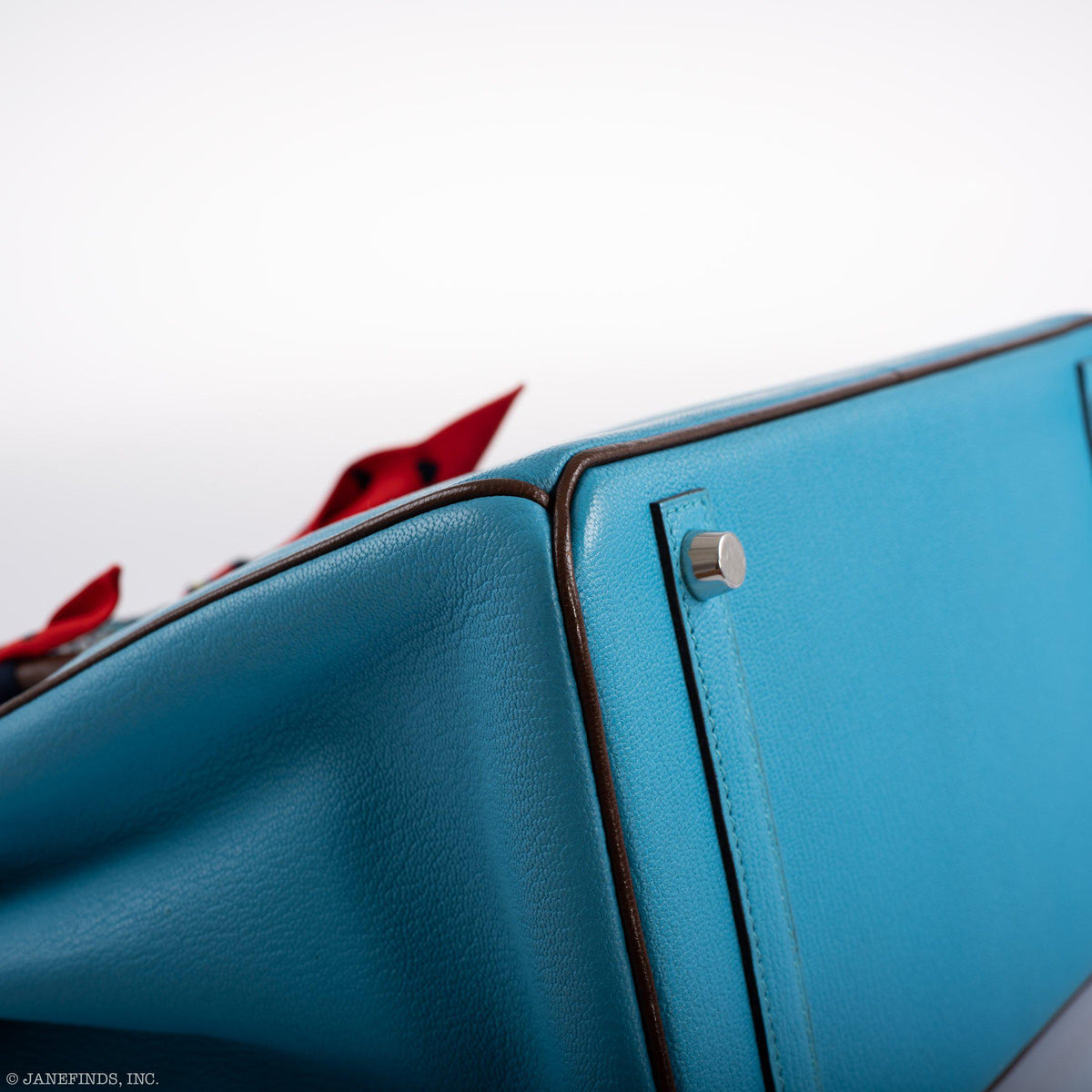 Hermès HSS Birkin 30 Bleu Aztec and Havane Chèvre Mysore Palladium Hardware, corner detail