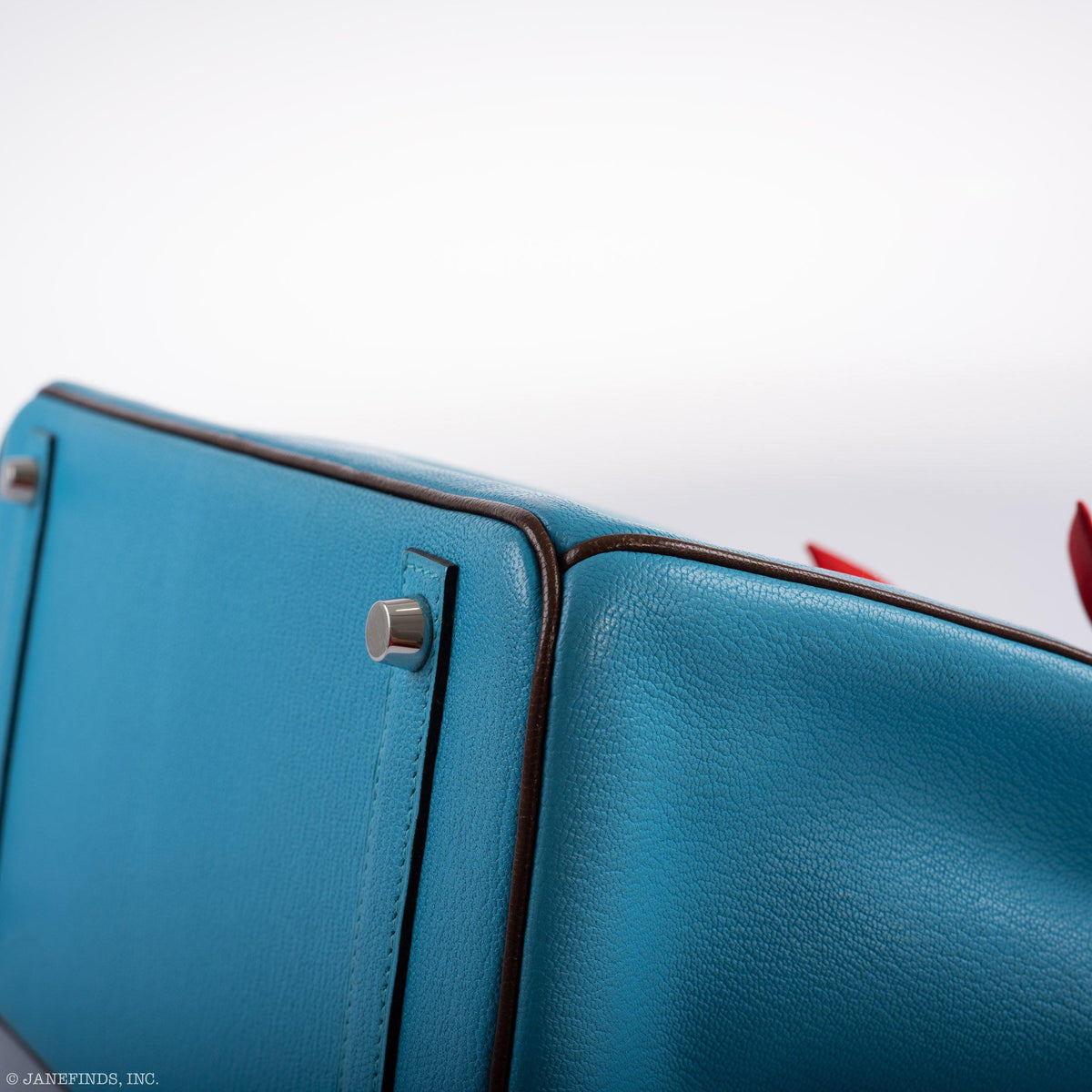 Hermès HSS Birkin 30 Bleu Aztec and Havane Chèvre Mysore Palladium Hardware, side corner detail