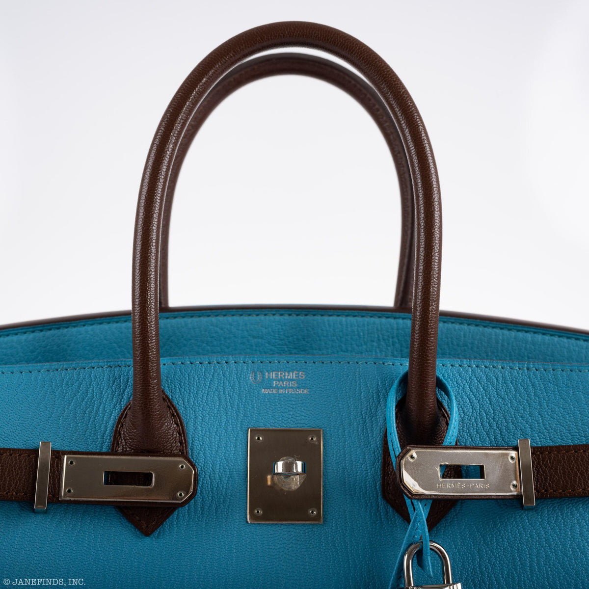 Hermès HSS Birkin 30 Bleu Aztec and Havane Chèvre Mysore Palladium Hardware, turn-lock, sangles and Hermès Paris heat stamp