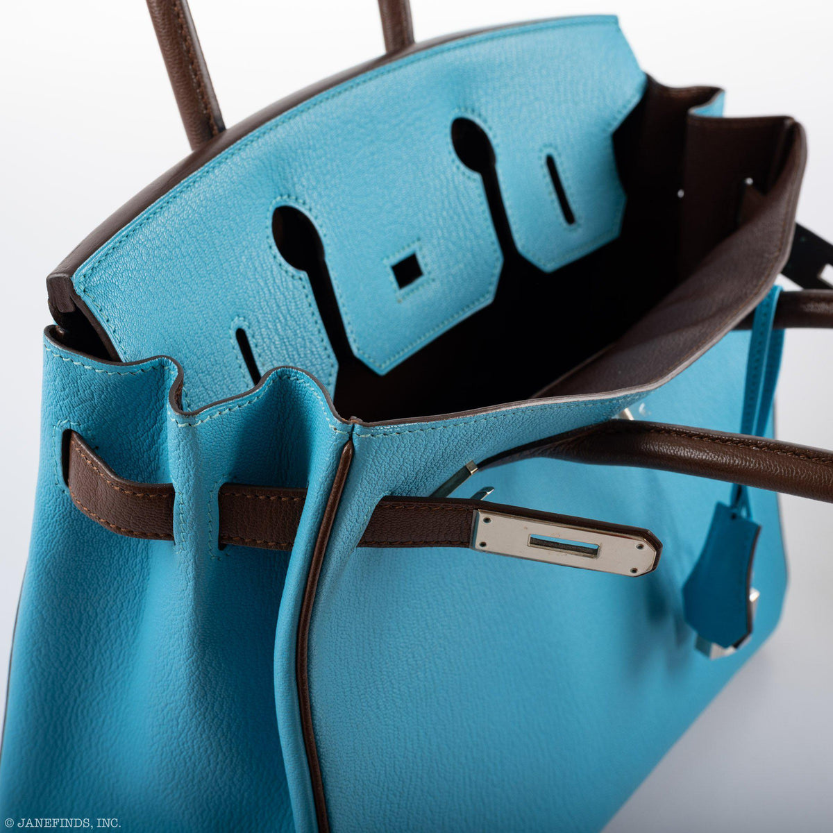 Hermès HSS Birkin 30 Bleu Aztec and Havane Chèvre Mysore Palladium Hardware, open flap showing the interior