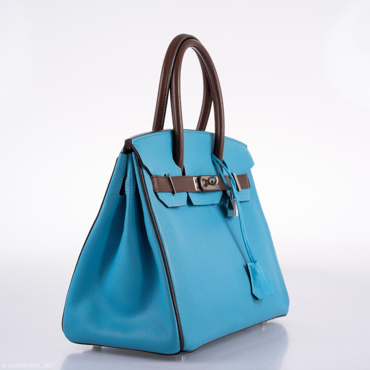 Hermès HSS Birkin 30 Bleu Aztec and Havane Chèvre Mysore Palladium Hardware, three-quarter view