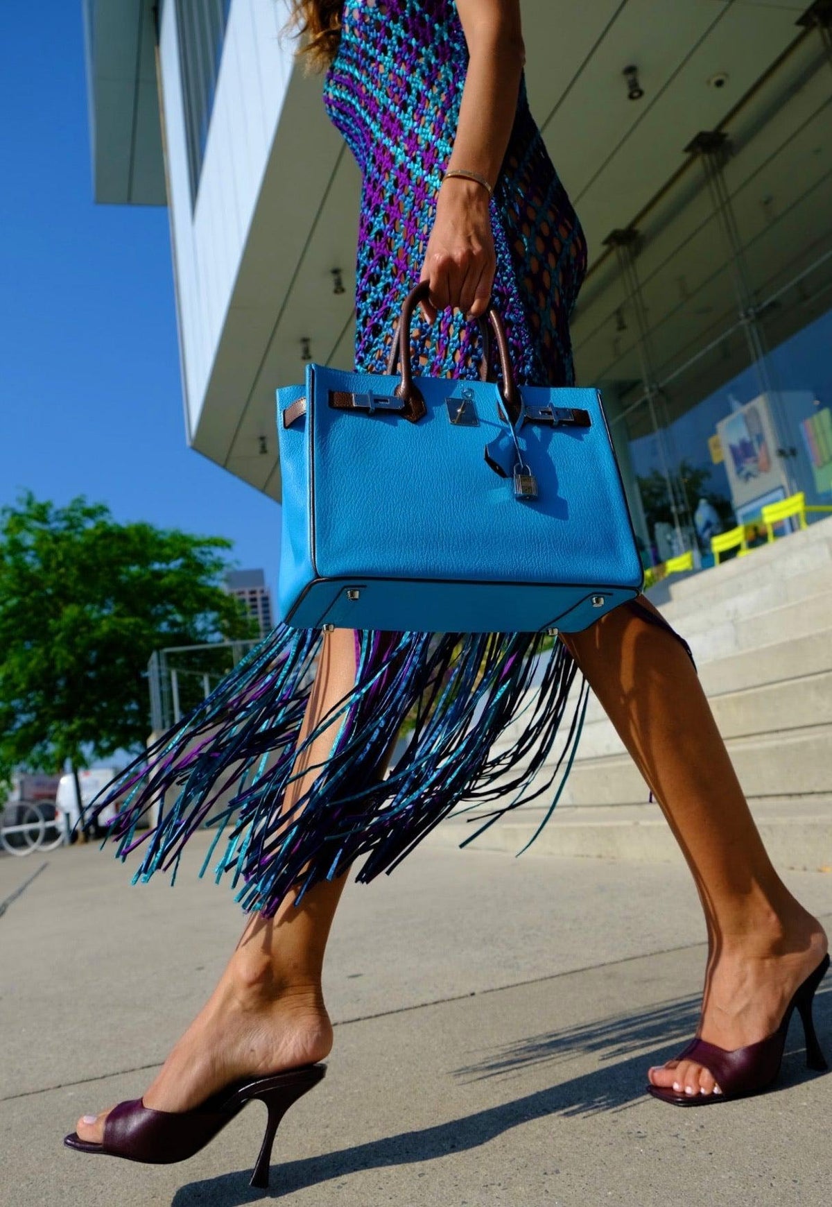 Hermès HSS Birkin 30 Bleu Aztec and Havane Chèvre Mysore Palladium Hardware, carried by a model, walking