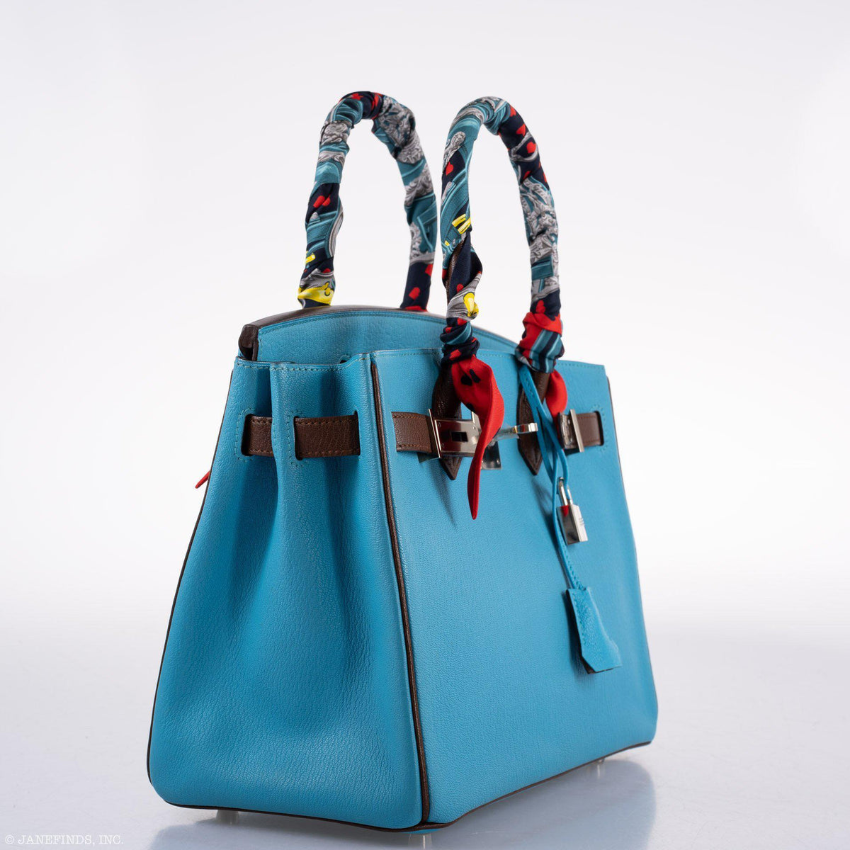 Hermès HSS Birkin 30 Bleu Aztec and Havane Chèvre Mysore Palladium Hardware, three-quarter view with twillies
