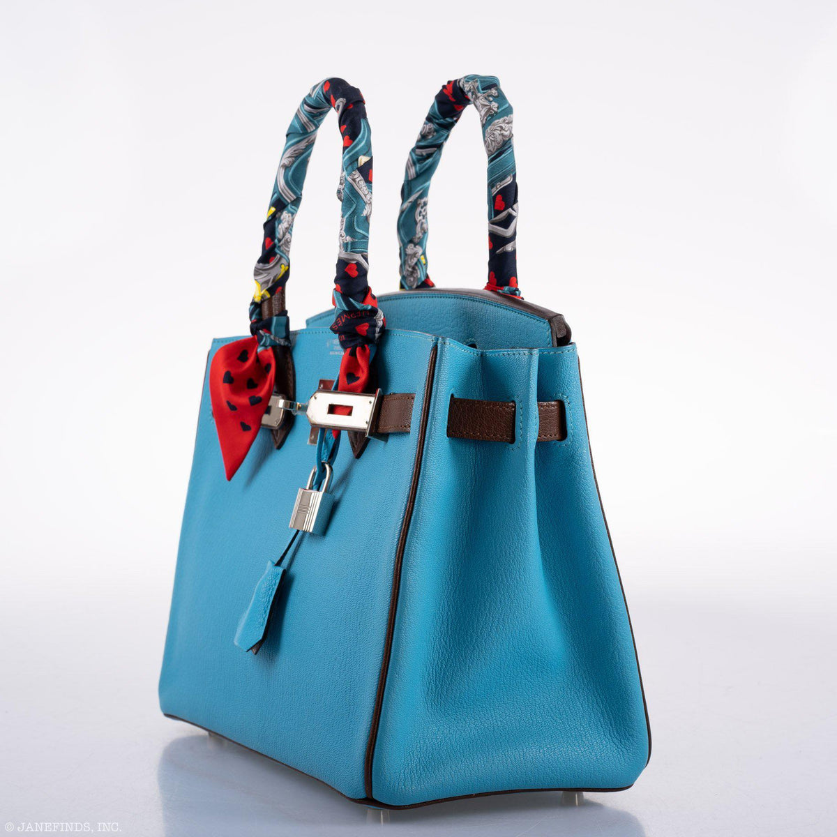 Hermès HSS Birkin 30 Bleu Aztec and Havane Chèvre Mysore Palladium Hardware, three-quarter view from the other side with twillies