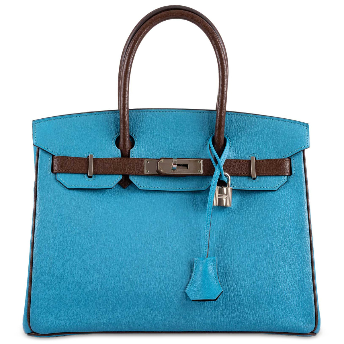 Hermès HSS Birkin 30 Bleu Aztec and Havane Chèvre Mysore Palladium Hardware, front view