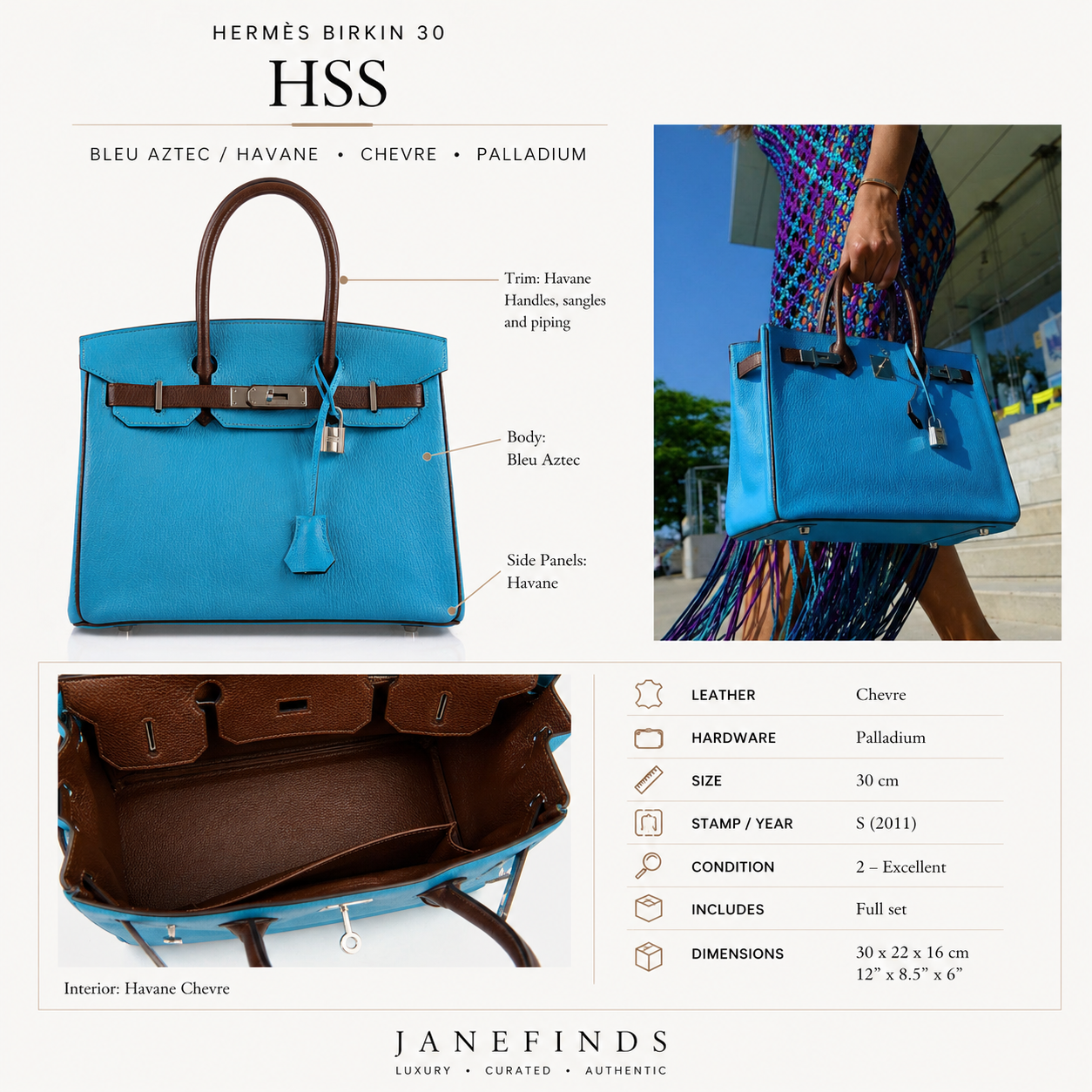 Hermès HSS Birkin 30 Bleu Aztec and Havane Chevre Palladium Hardware