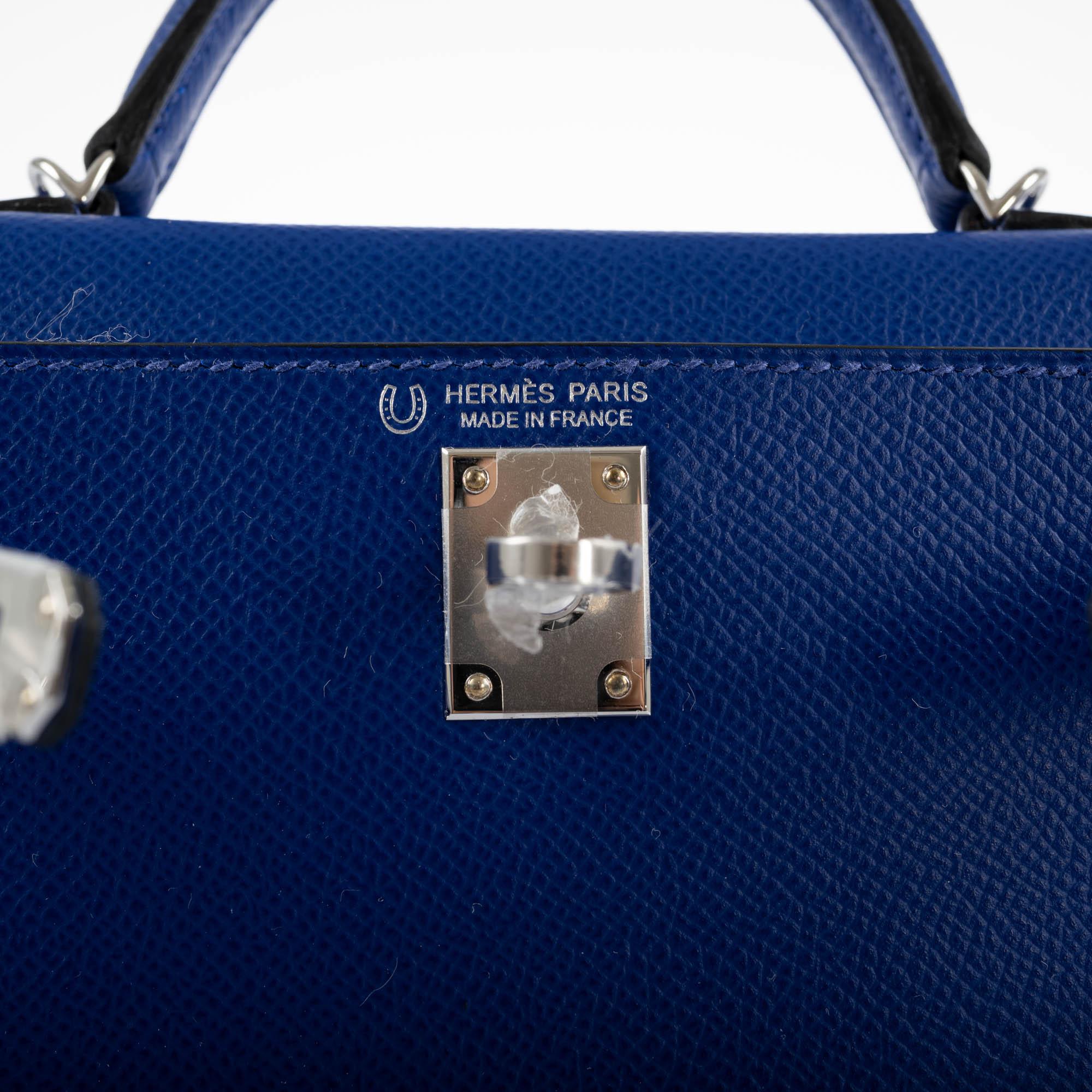 Hermès HSS Kelly 20 Mini II Sellier Blue Electric & Black Interior Epsom Palladium