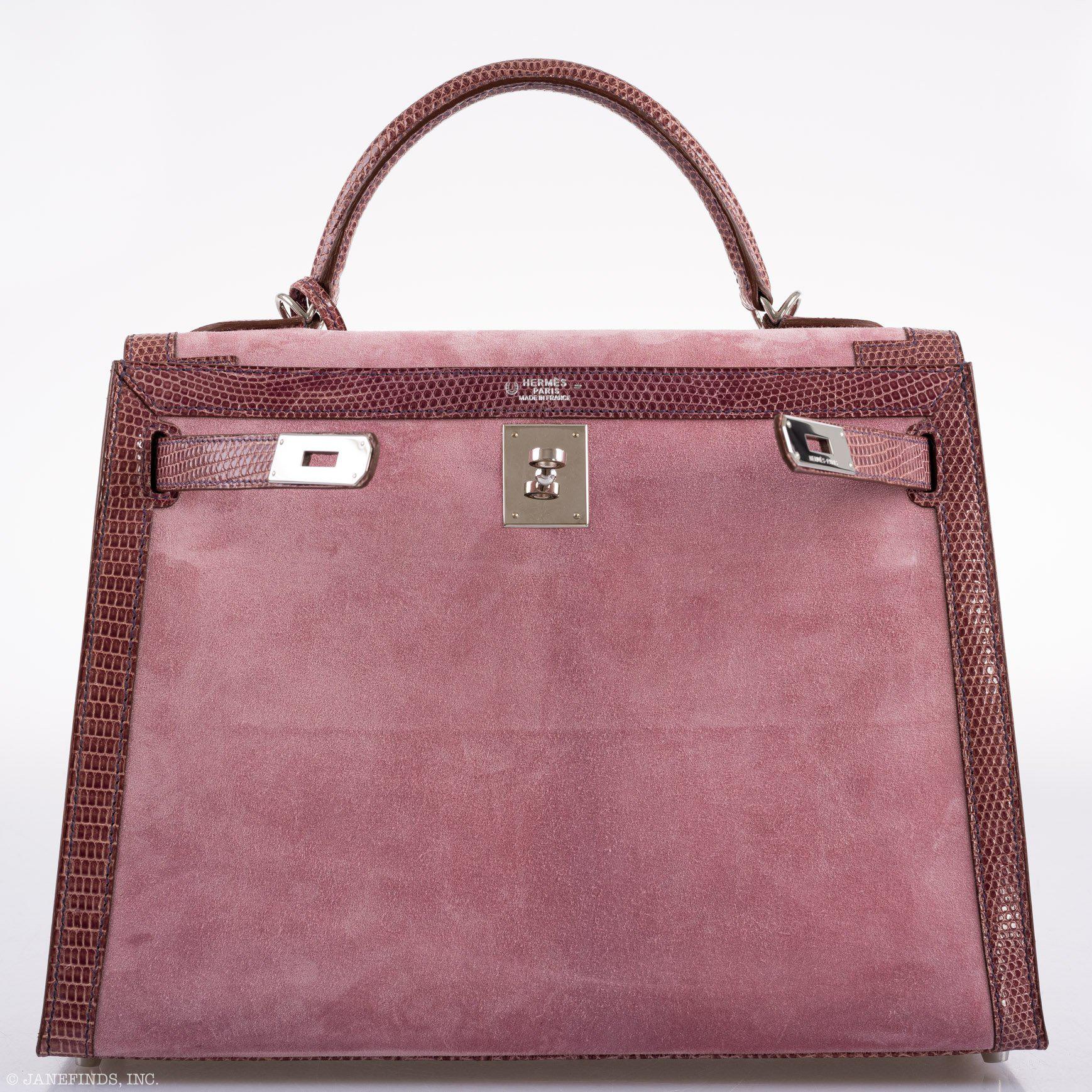 Hermès HSS Kelly 32 Sellier Mauve Lizard and Rose Indienne Doblis Suede Palladium Hardware