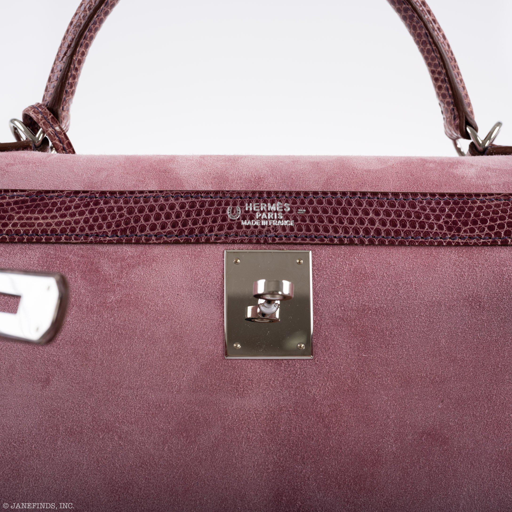 Hermès HSS Kelly 32 Sellier Mauve Lizard and Rose Indienne Doblis Suede Palladium Hardware