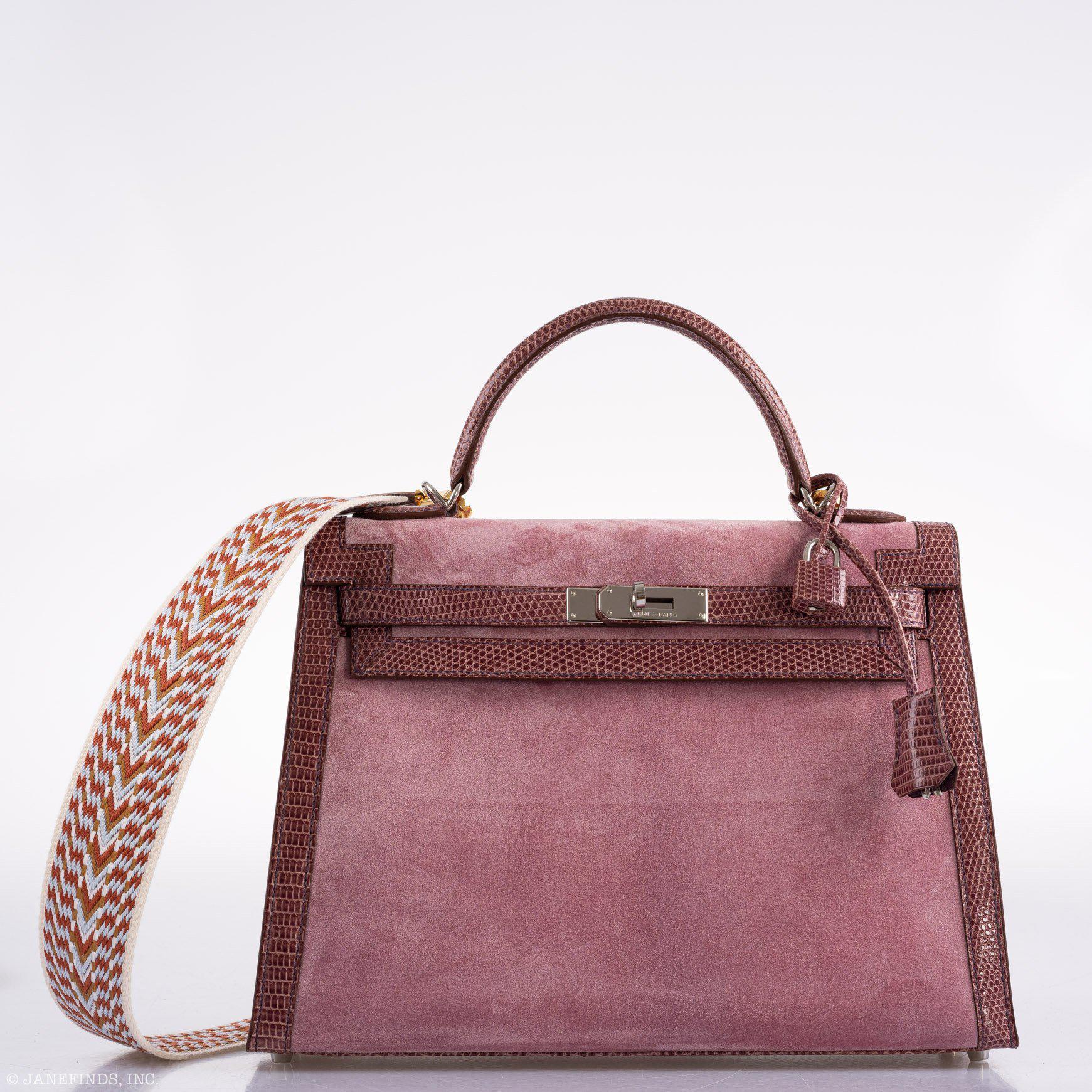 Hermès HSS Kelly 32 Sellier Mauve Lizard and Rose Indienne Doblis Suede Palladium Hardware