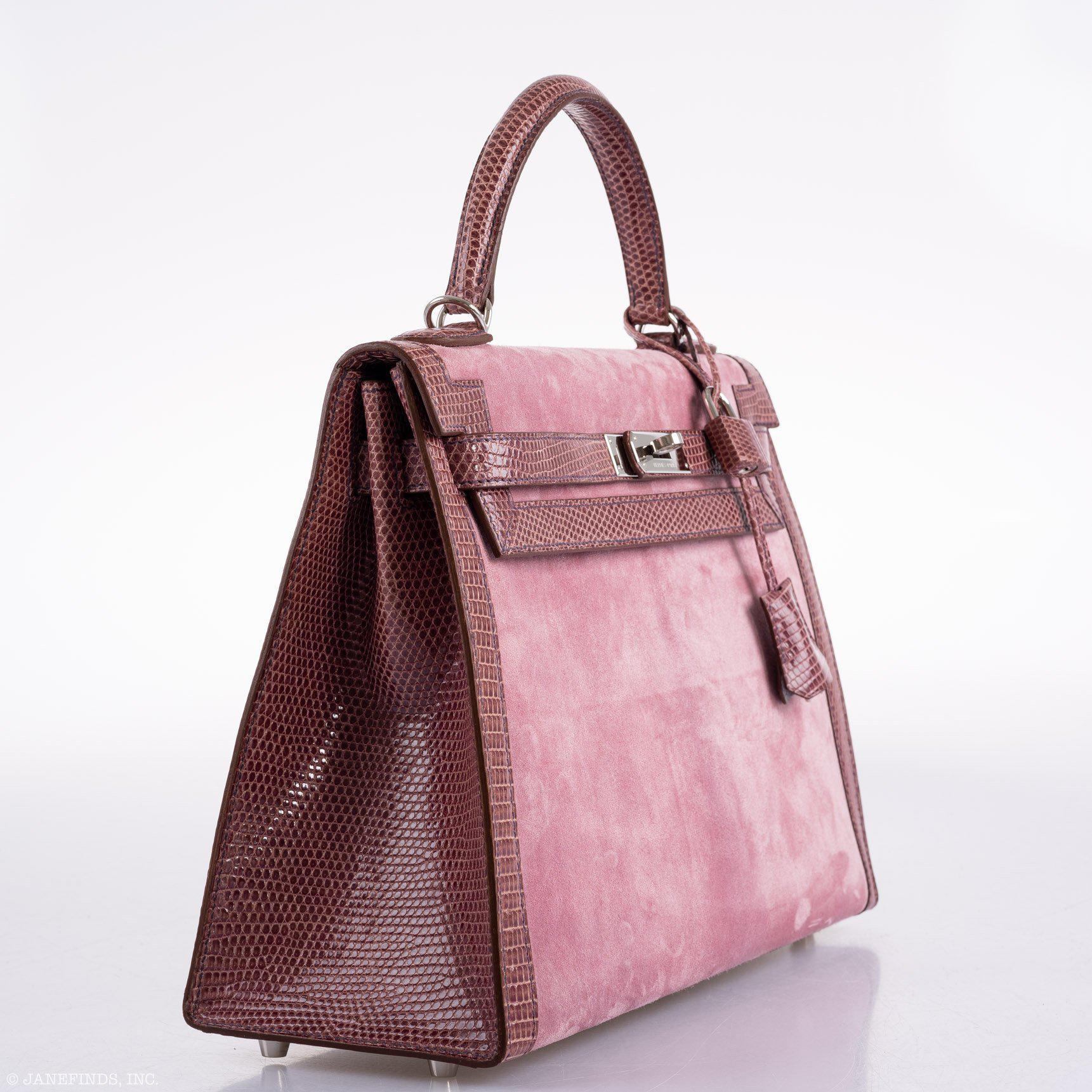 Hermès HSS Kelly 32 Sellier Mauve Lizard and Rose Indienne Doblis Suede Palladium Hardware