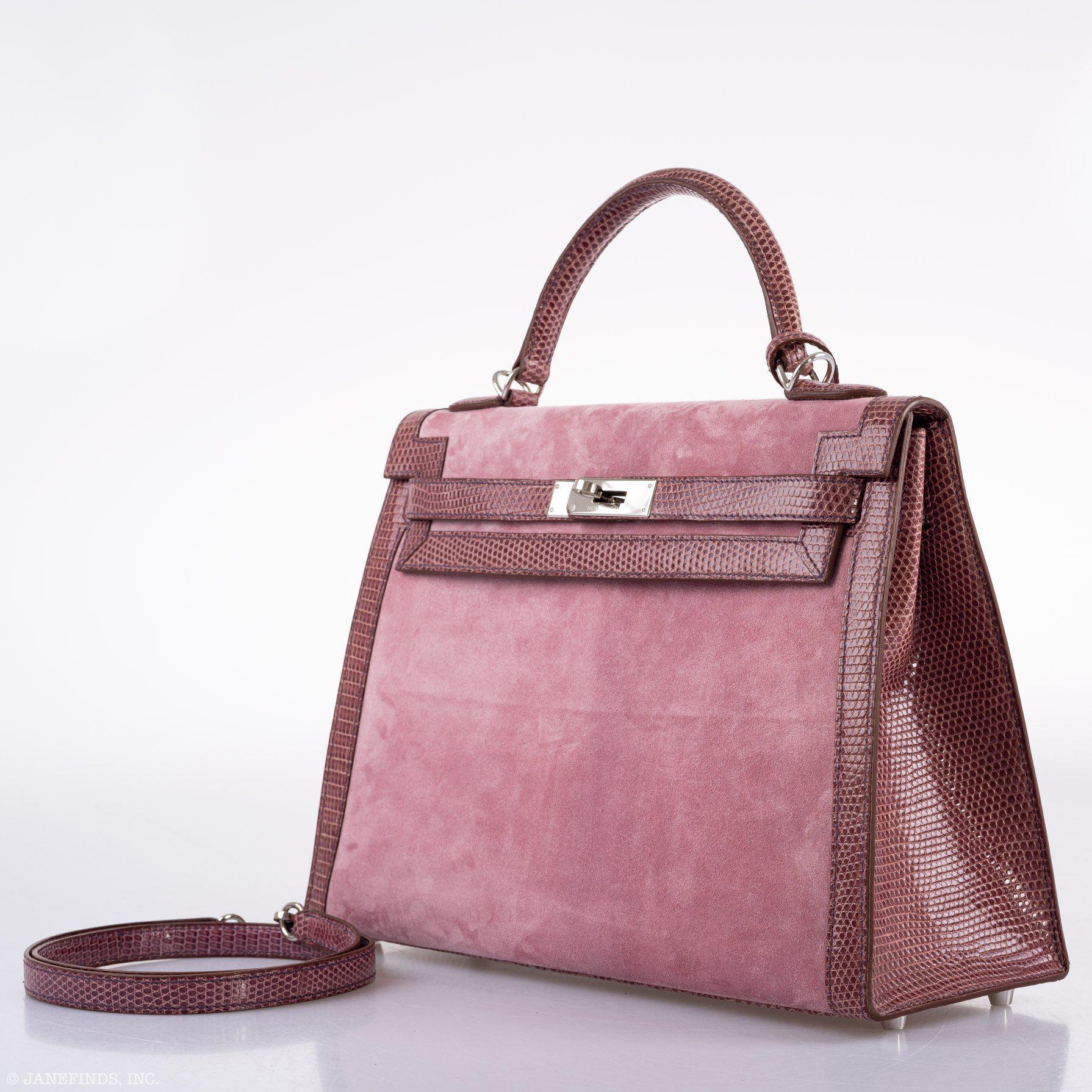 Hermès HSS Kelly 32 Sellier Mauve Lizard and Rose Indienne Doblis Suede Palladium Hardware