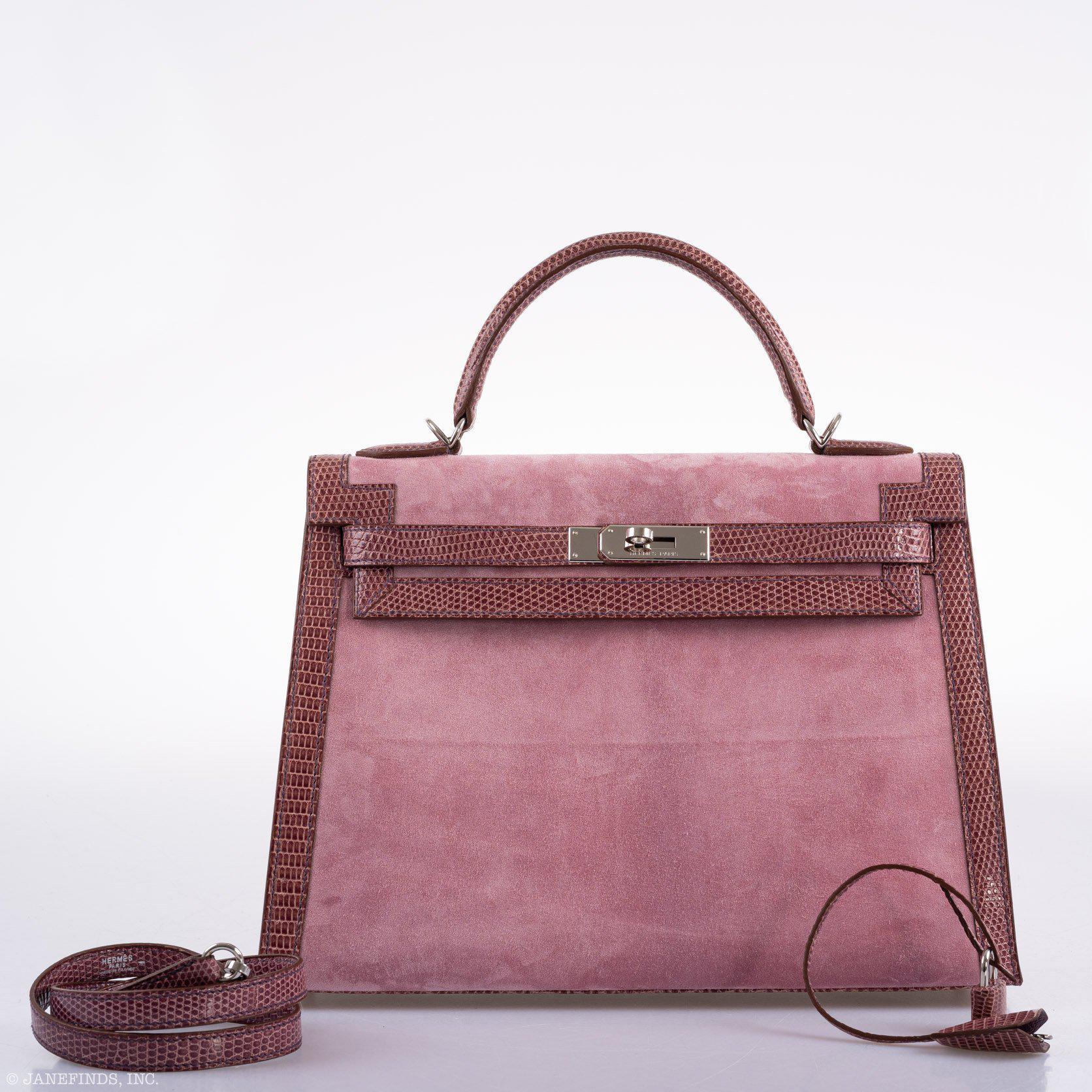 Hermès HSS Kelly 32 Sellier Mauve Lizard and Rose Indienne Doblis Suede Palladium Hardware