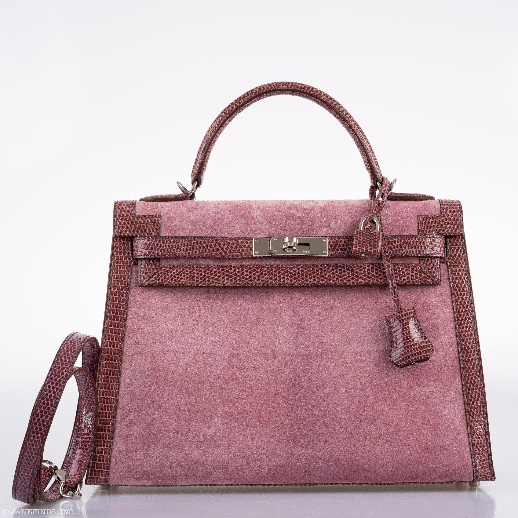 Hermès HSS Kelly 32 Sellier Mauve Lizard and Rose Indienne Doblis Suede Palladium Hardware