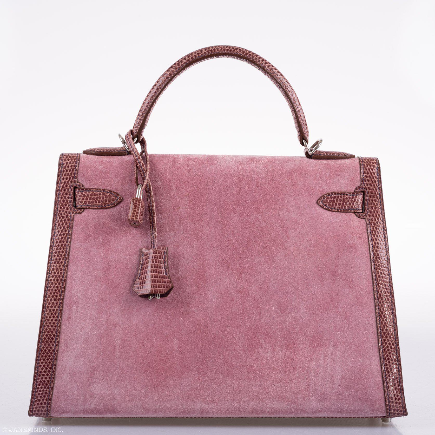 Hermès HSS Kelly 32 Sellier Mauve Lizard and Rose Indienne Doblis Suede Palladium Hardware