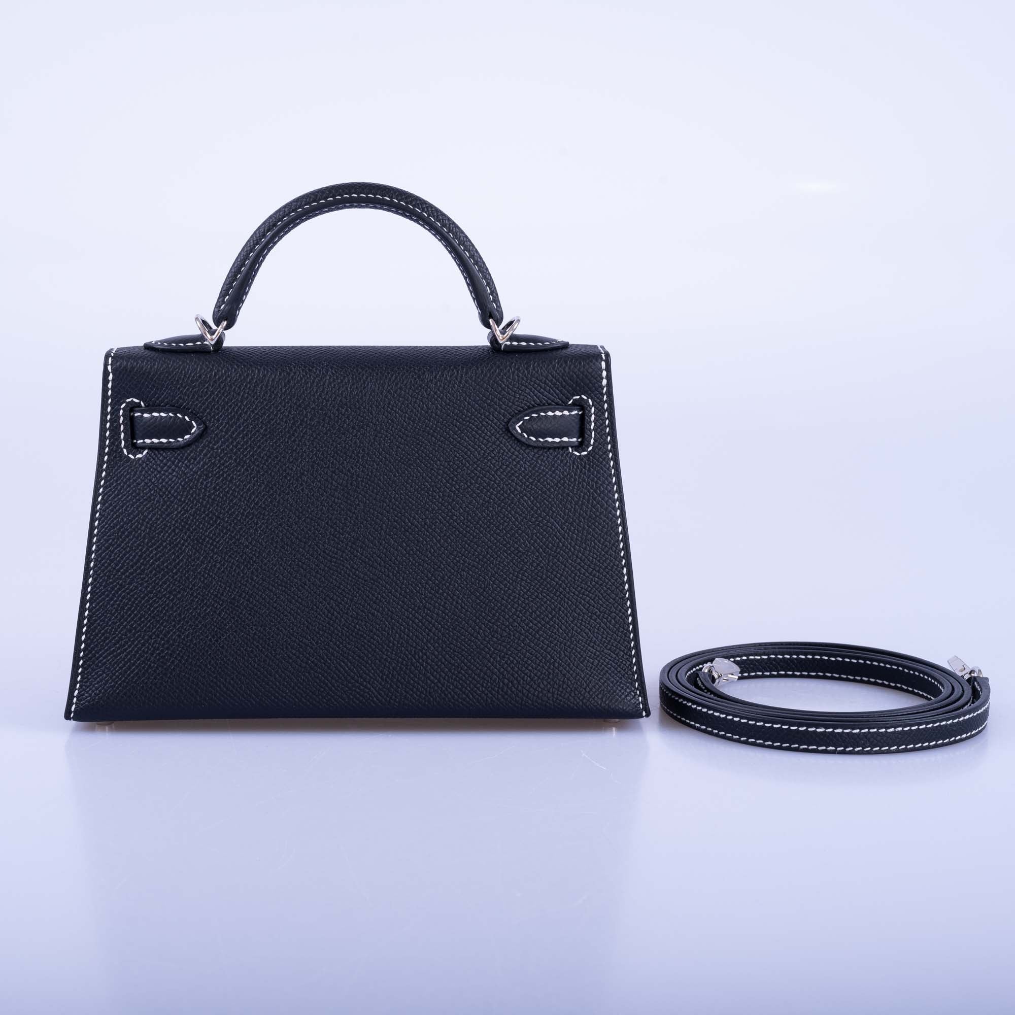 Hermès HSS Kelly Mini 20 Sellier Black Epsom, Gris Tourterelle Interior with White Stitching Palladium