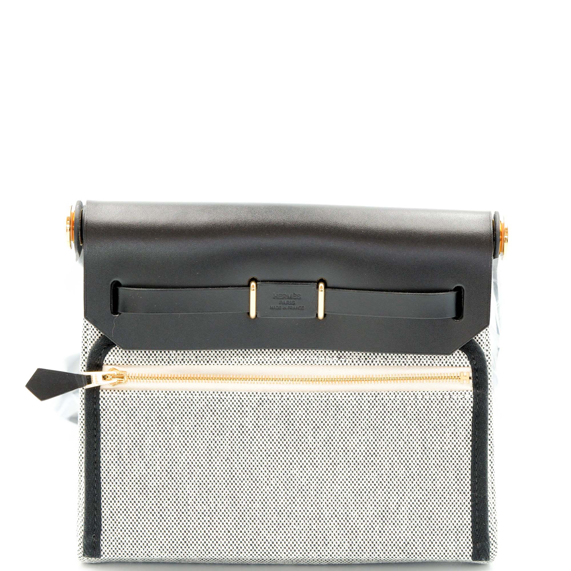 Hermès Herbag Zip 20 Mini Ecru-Noir and Noir H Canvas/Cowhide Gold Hardware