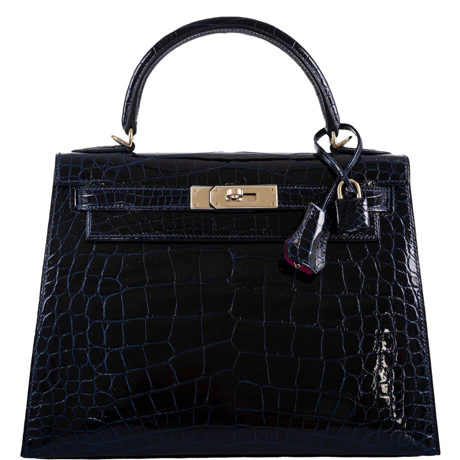 Hermès Hermès Verso Kelly 28 Sellier Shiny Bleu Marine Nilo Crocodile and Rose Scheherazade Palladium Hardware