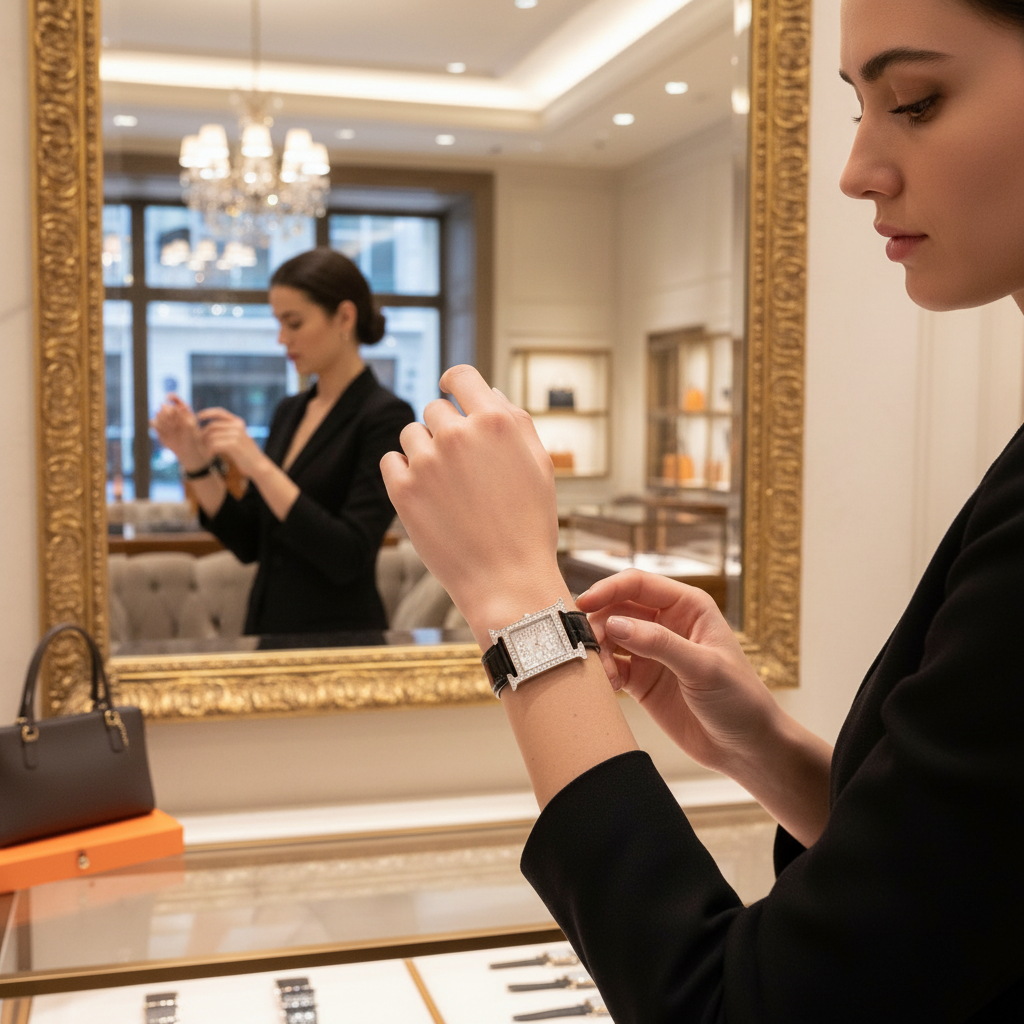 Hermès Heure H 25mm High Jewelry "Mosaïque" White Gold & Baguette Diamond Watch<