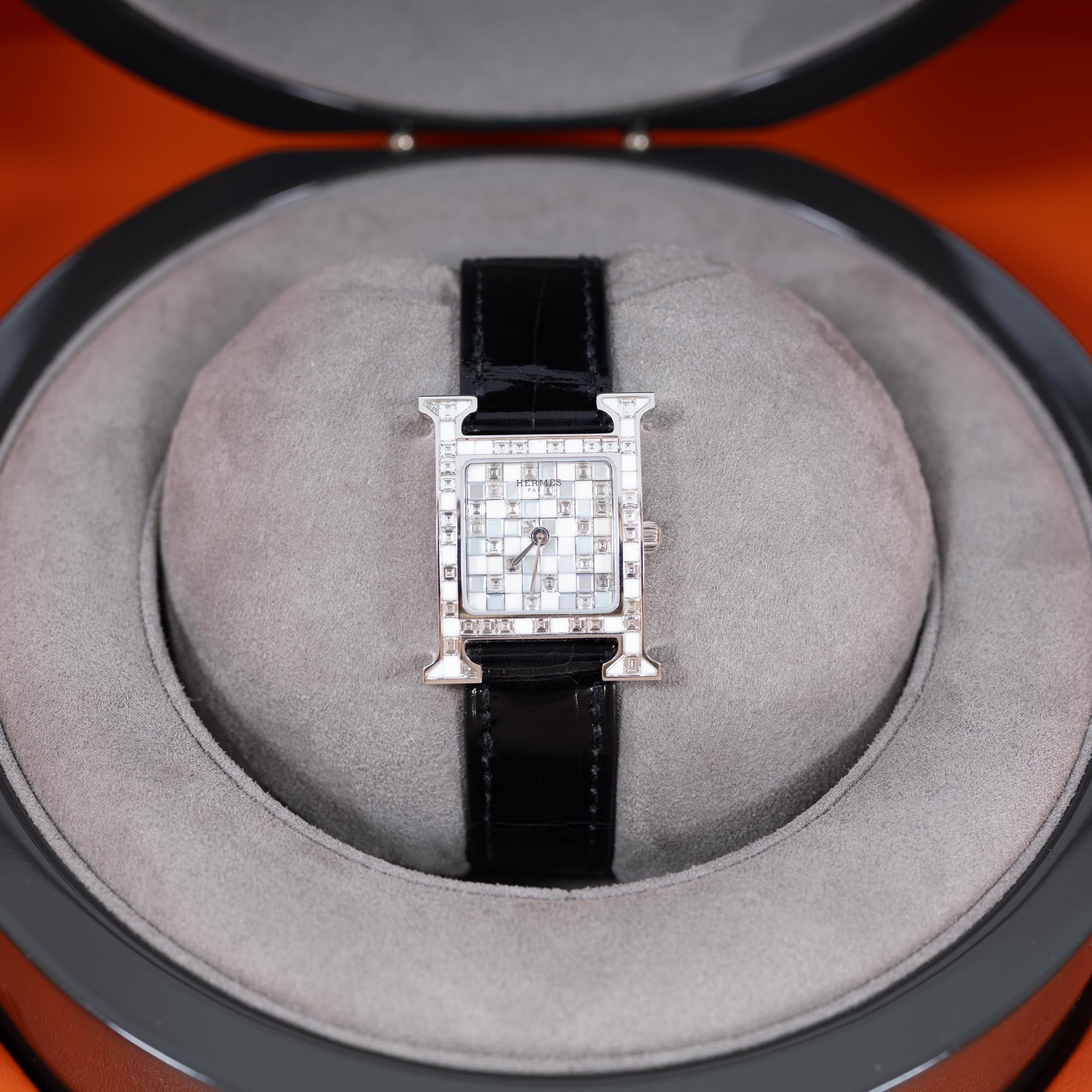 Hermès Heure H 25mm High Jewelry "Mosaïque" White Gold & Baguette Diamond Watch<