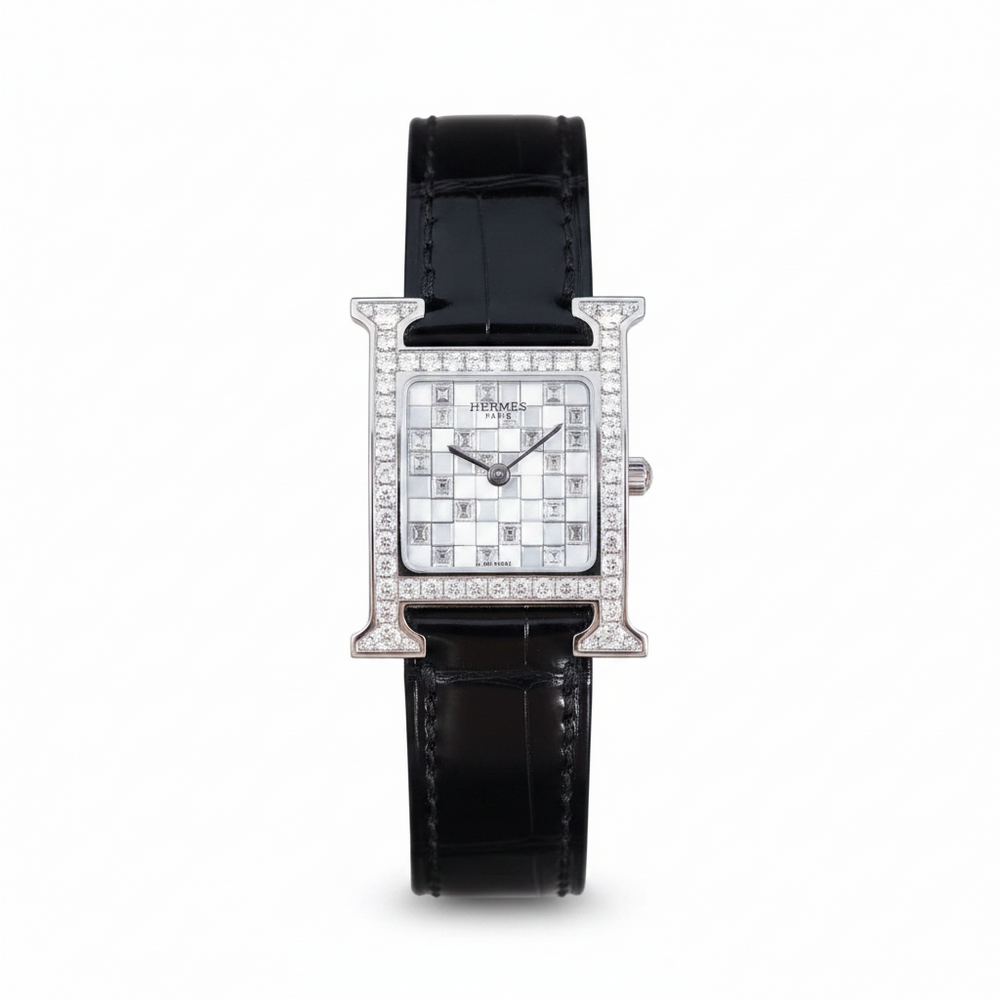 Hermès Heure H 25mm High Jewelry Mosaïque White Gold & Baguette Diamond Watch