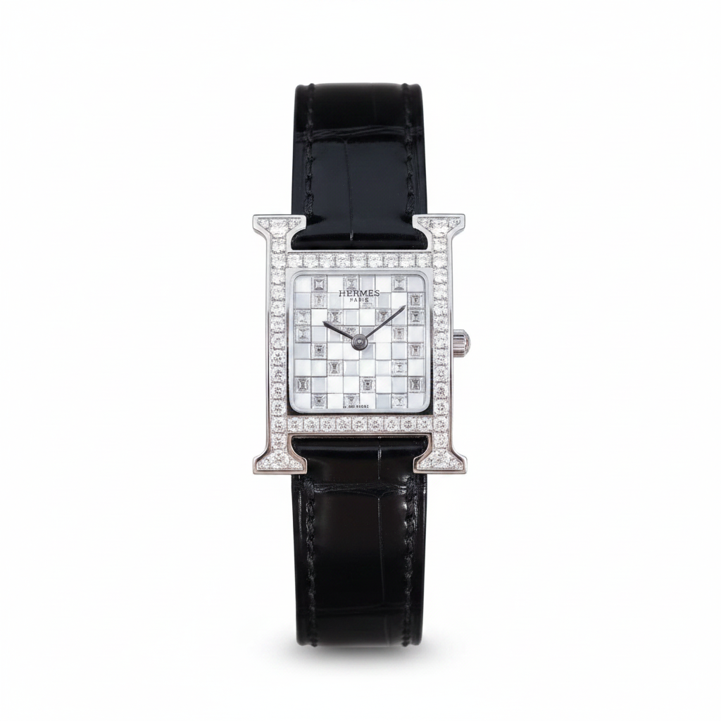 Hermès Heure H 25mm High Jewelry Mosaïque White Gold & Baguette Diamond Watch