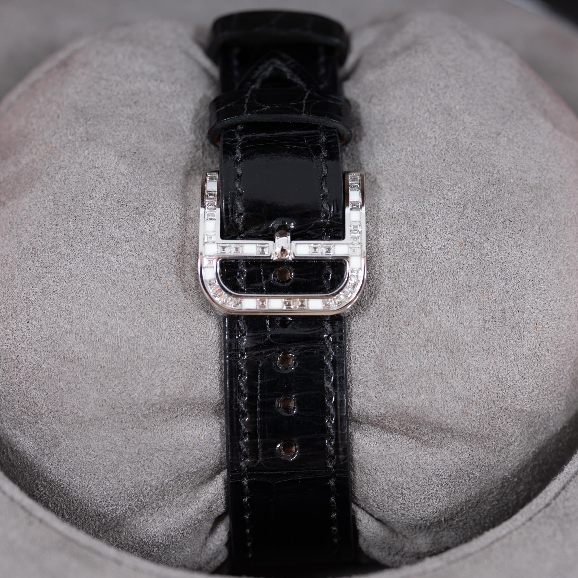 Hermès Heure H 25mm High Jewelry "Mosaïque" White Gold & Baguette Diamond Watch<