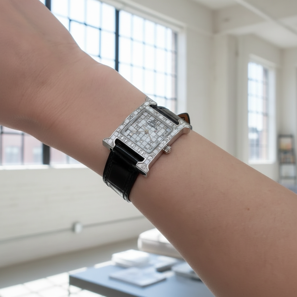 Hermès Heure H 25mm High Jewelry "Mosaïque" White Gold & Baguette Diamond Watch<