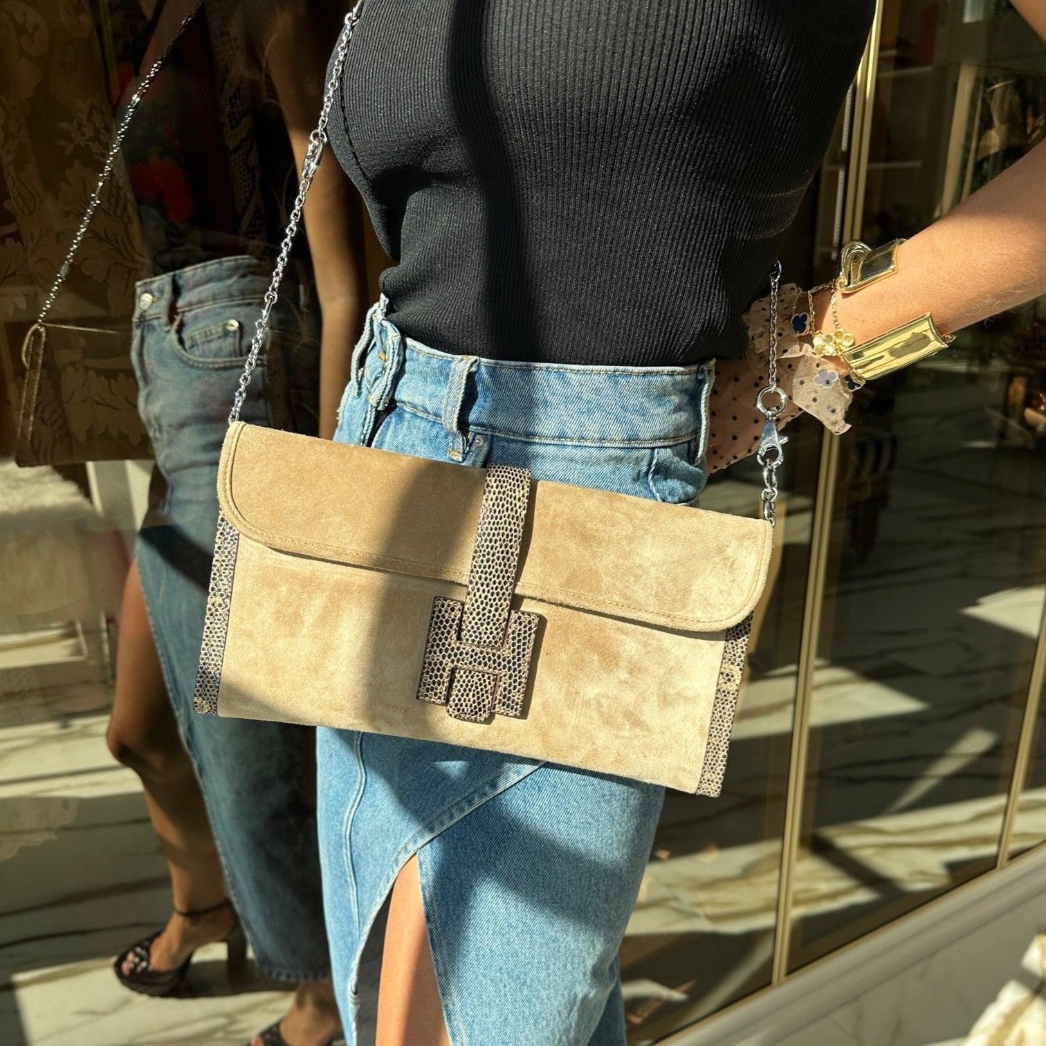 Hermès Jige Elan Clutch Sable Doblis Suede and Ombré Lizard